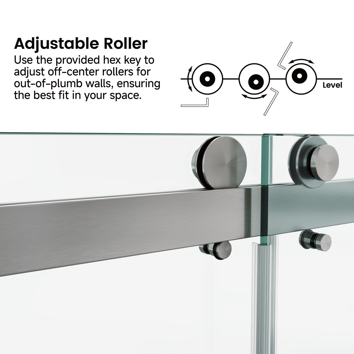 Frameless sliding shower door 60x79 inch brushed nickel hardware detail