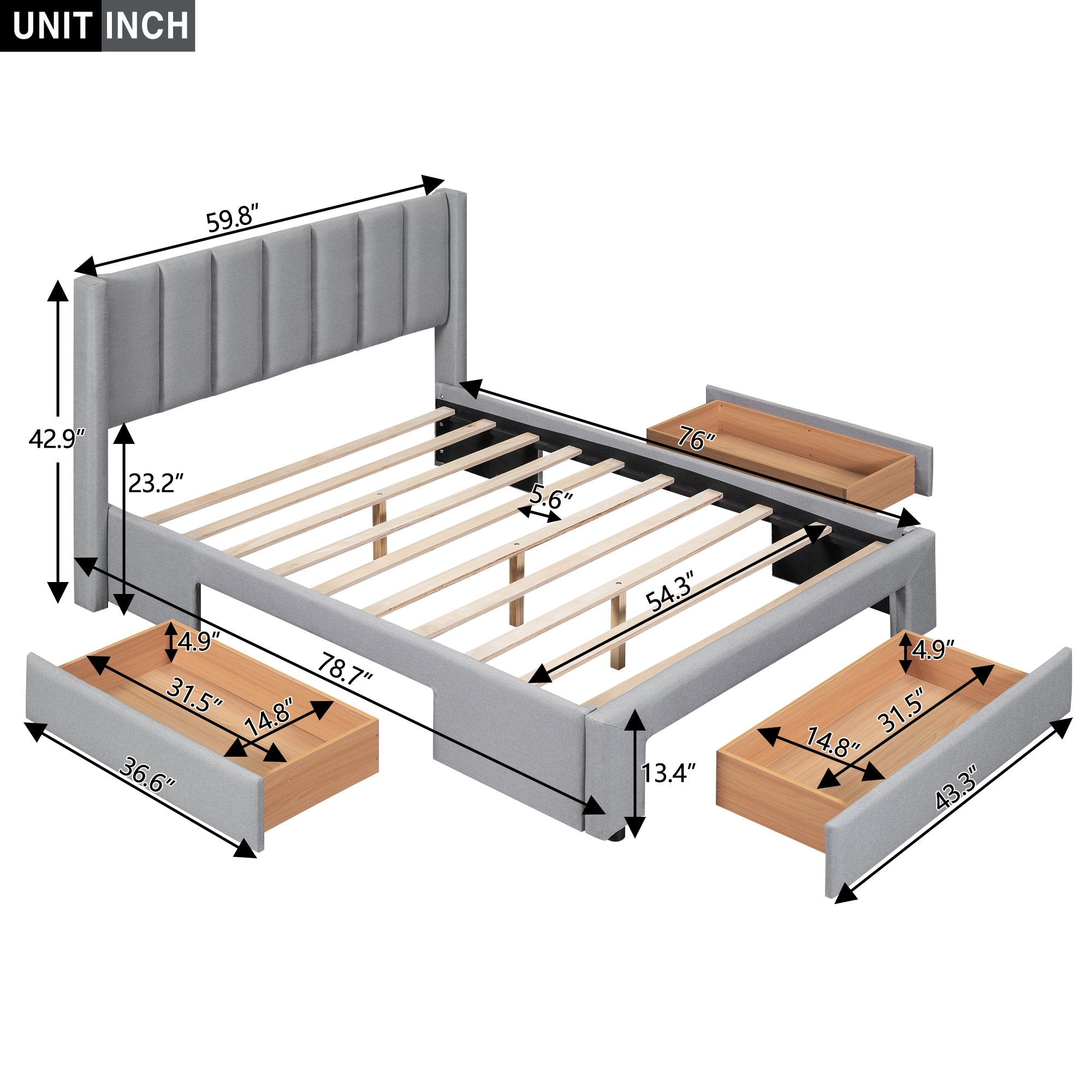 Queen Size Upholstered Platform Bed with One Large Drawer in the Footboard and Drawer on Each Side,Gray