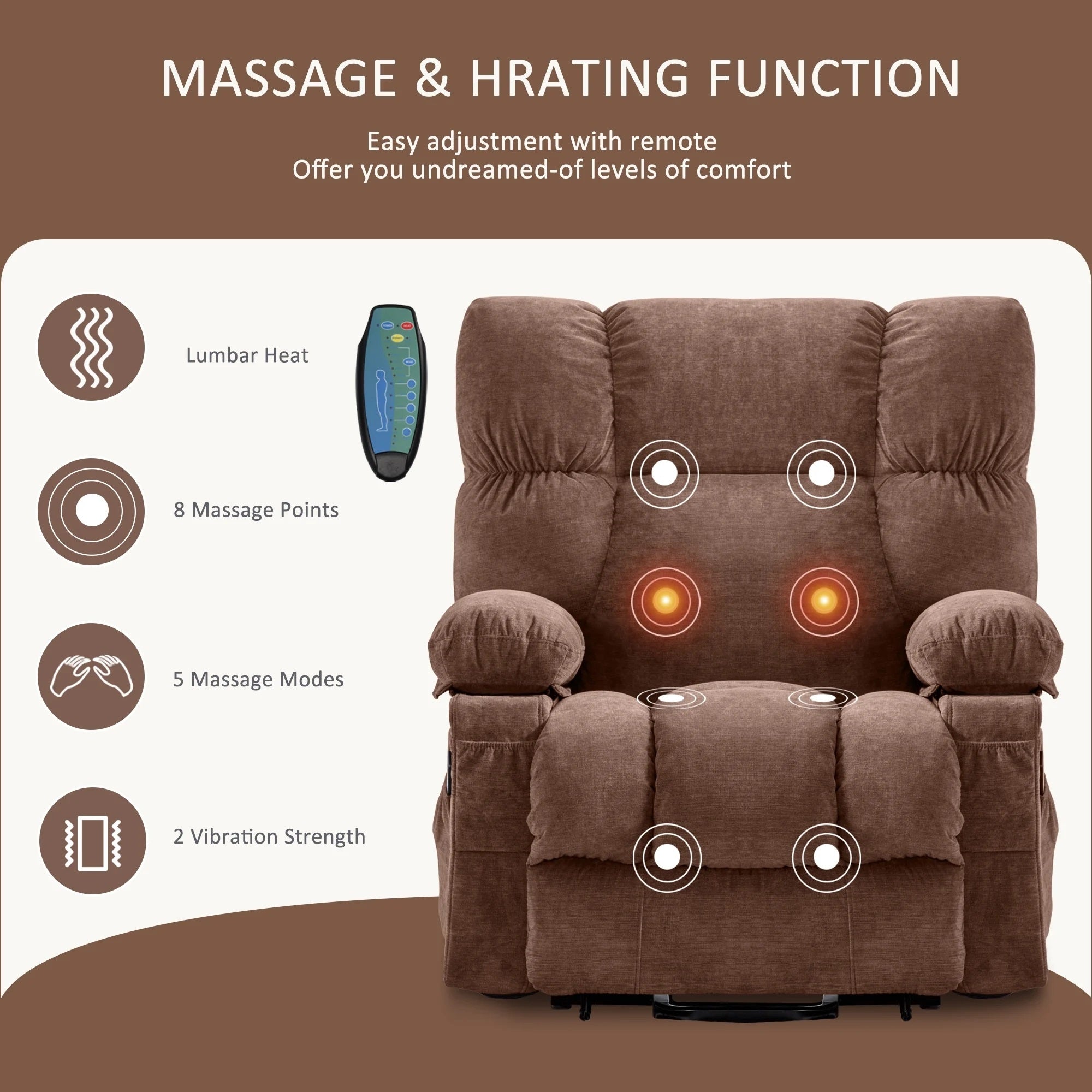 Power Lift Recliner Chair Recliners for Elderly with Heat and Massage Recliner Chair for Living Room with Infinite Position and Side Pocket,USB Charge Port,BROWN