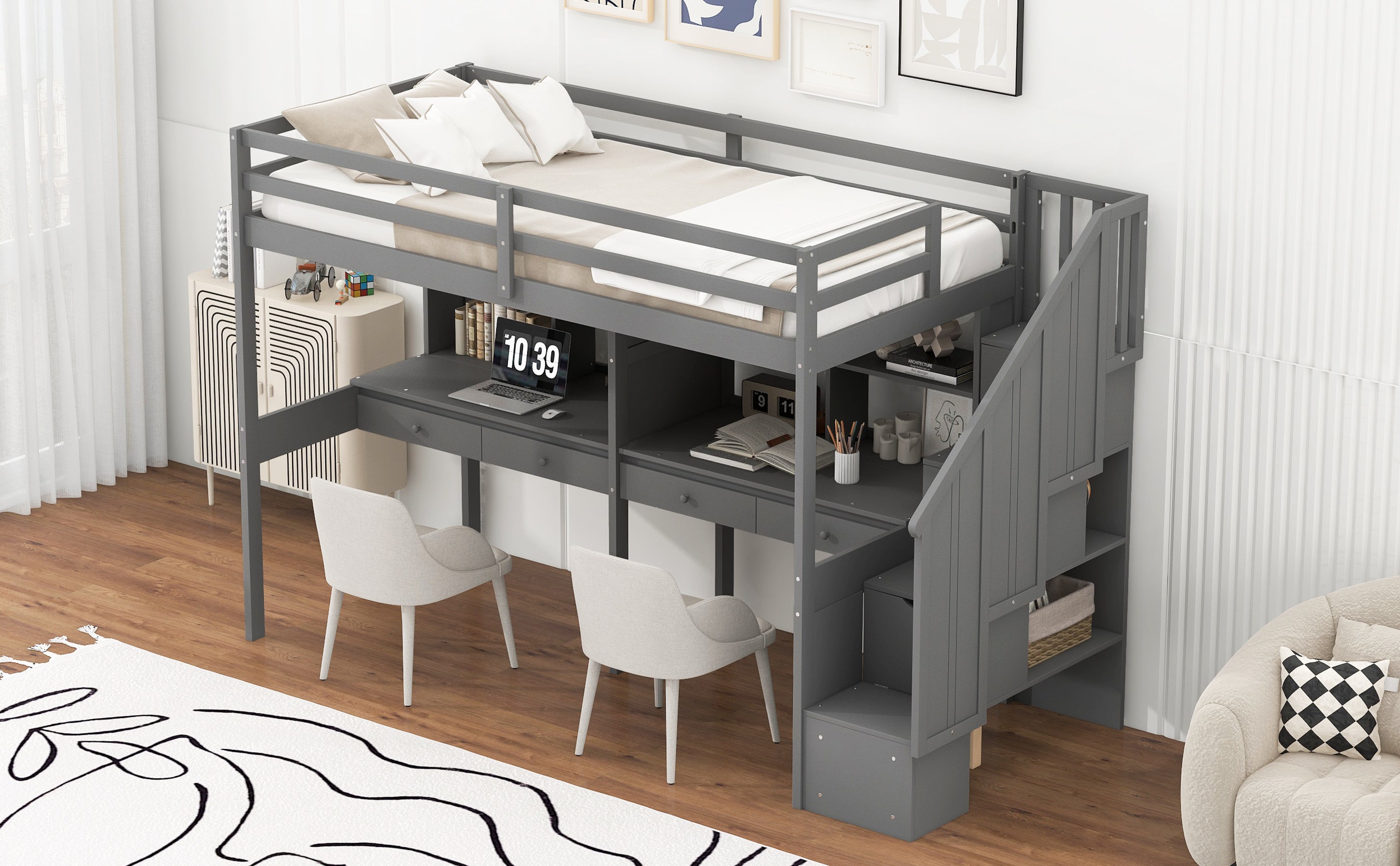 Twin Size Loft Bed Frame with Storage Staircase and Double Desks and Shelves,Gray