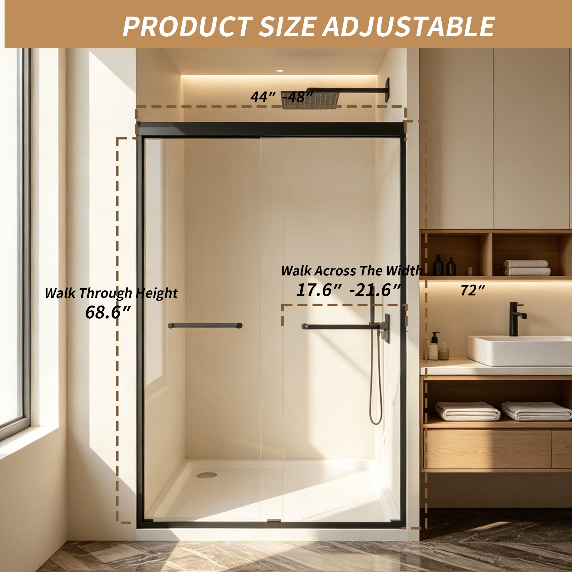 Sliding shower door 44-48 inch matte black stainless steel handle detail
