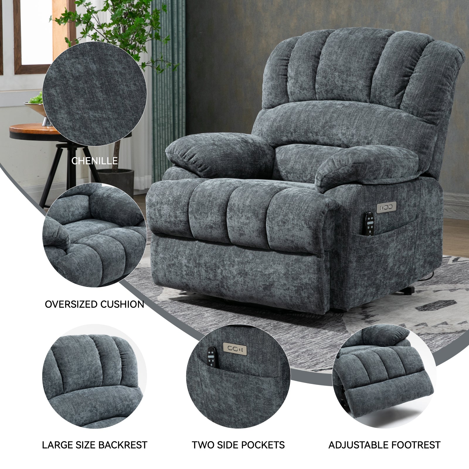 23" Seat Width and High Back Large Size Blue Chenille Power Lift Recliner Chair with 8-Point Vibration Massage and Lumbar Heating