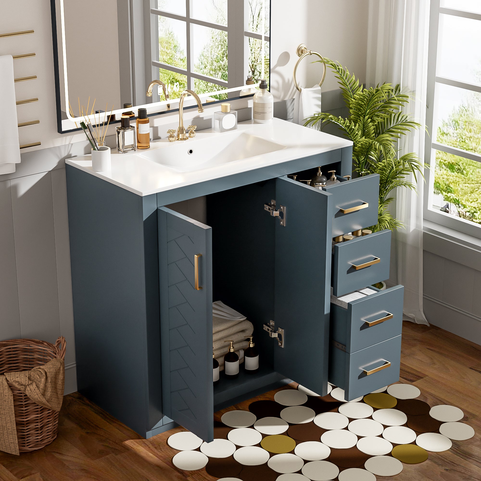 36-inch solid wood bathroom vanity with ceramic sink, angled view