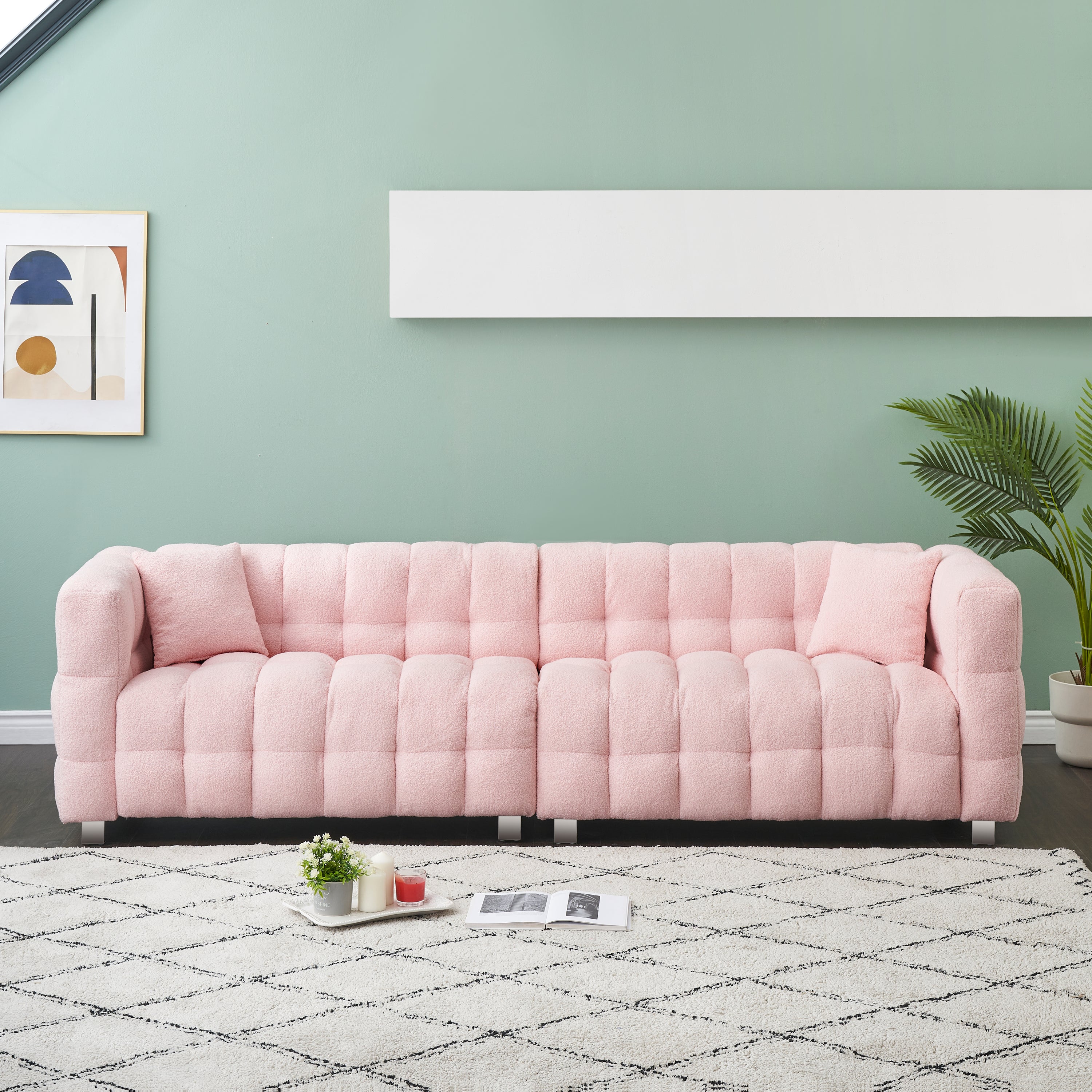 Charming 102-Inch Pink Teddy Fleece Sofa for Living Room, Bedroom, or Apartment - Includes Two Chic Throw Pillows & Sturdily Supported by Hardware Feet