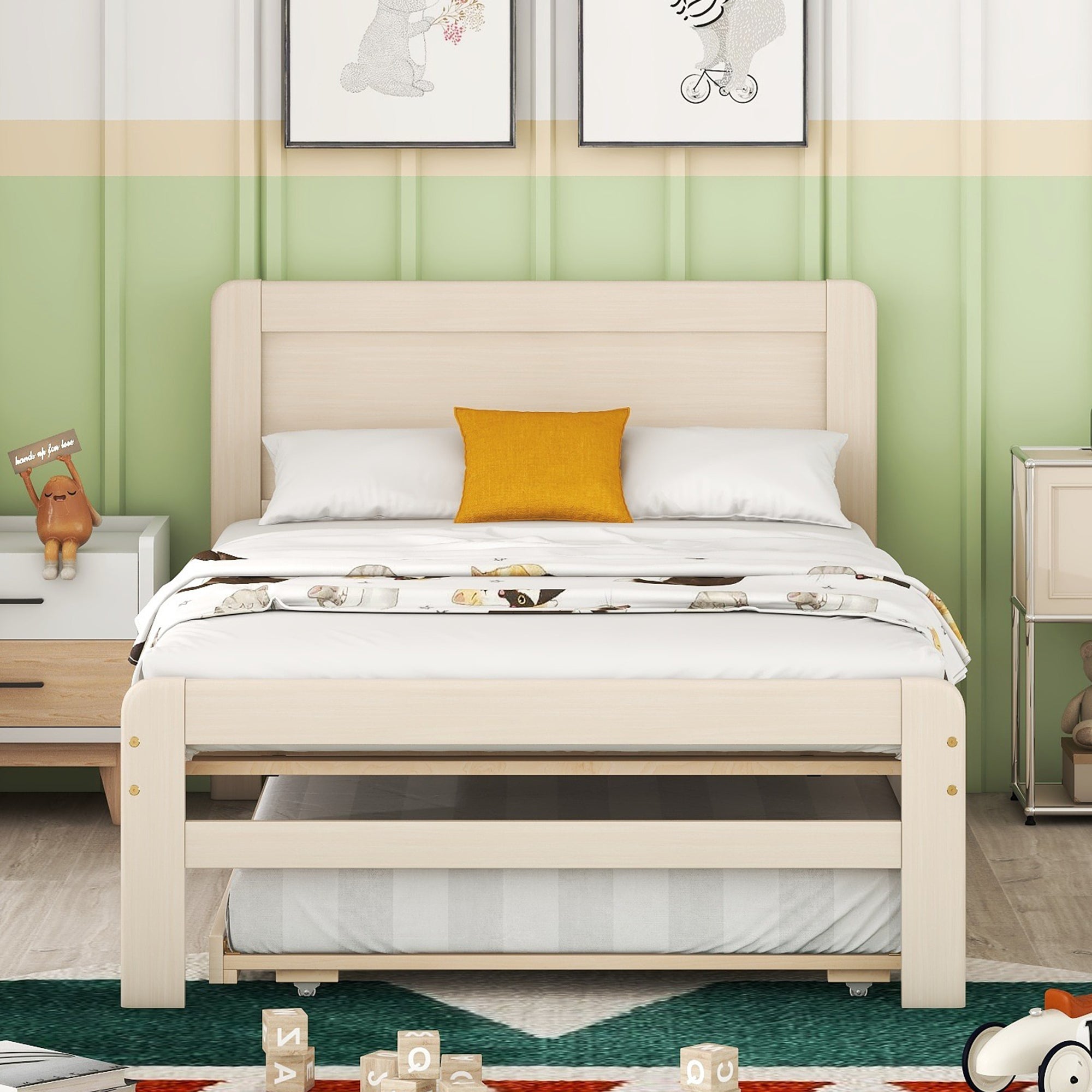 Modern Design Twin Size Platform Bed Frame with Trundle for White Washed Color