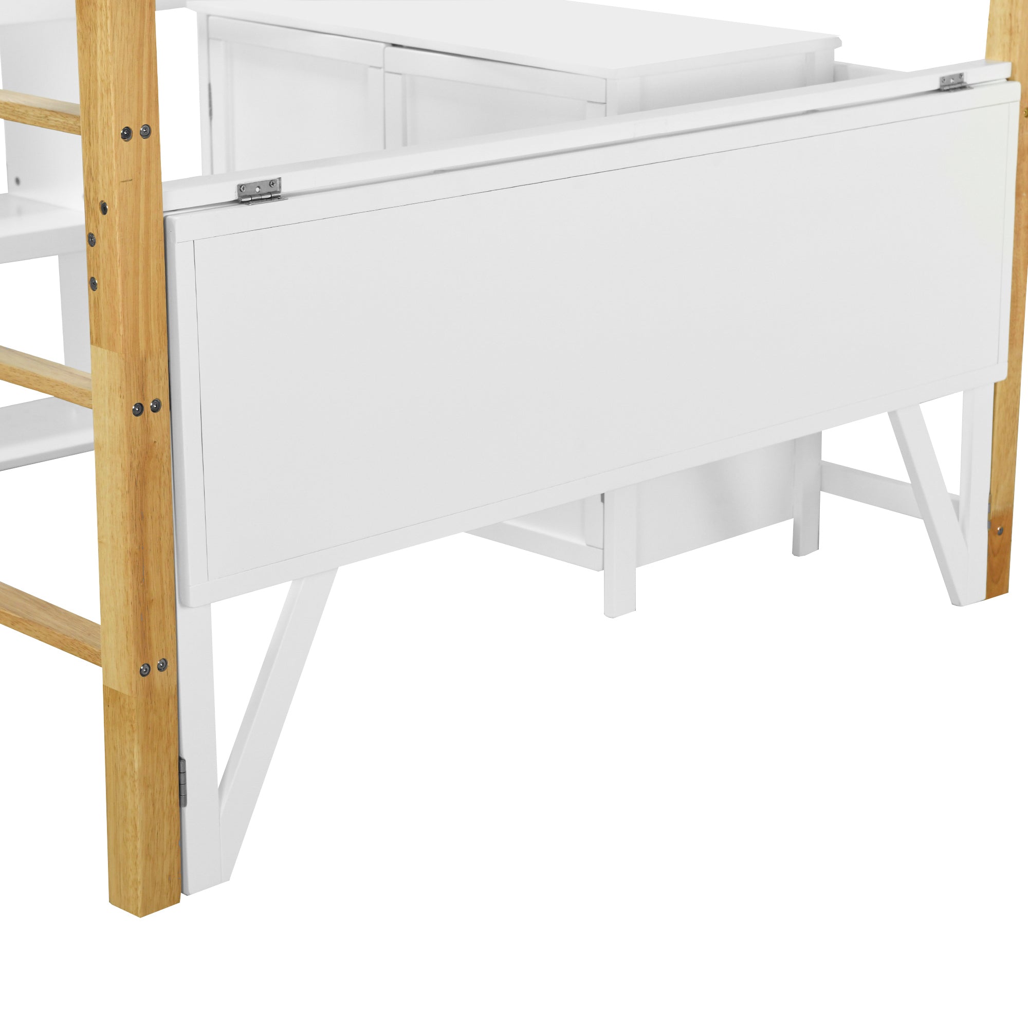 Full Size Wood Loft Bed With Built-in Storage Cabinet and Cubes, Foldable desk, White