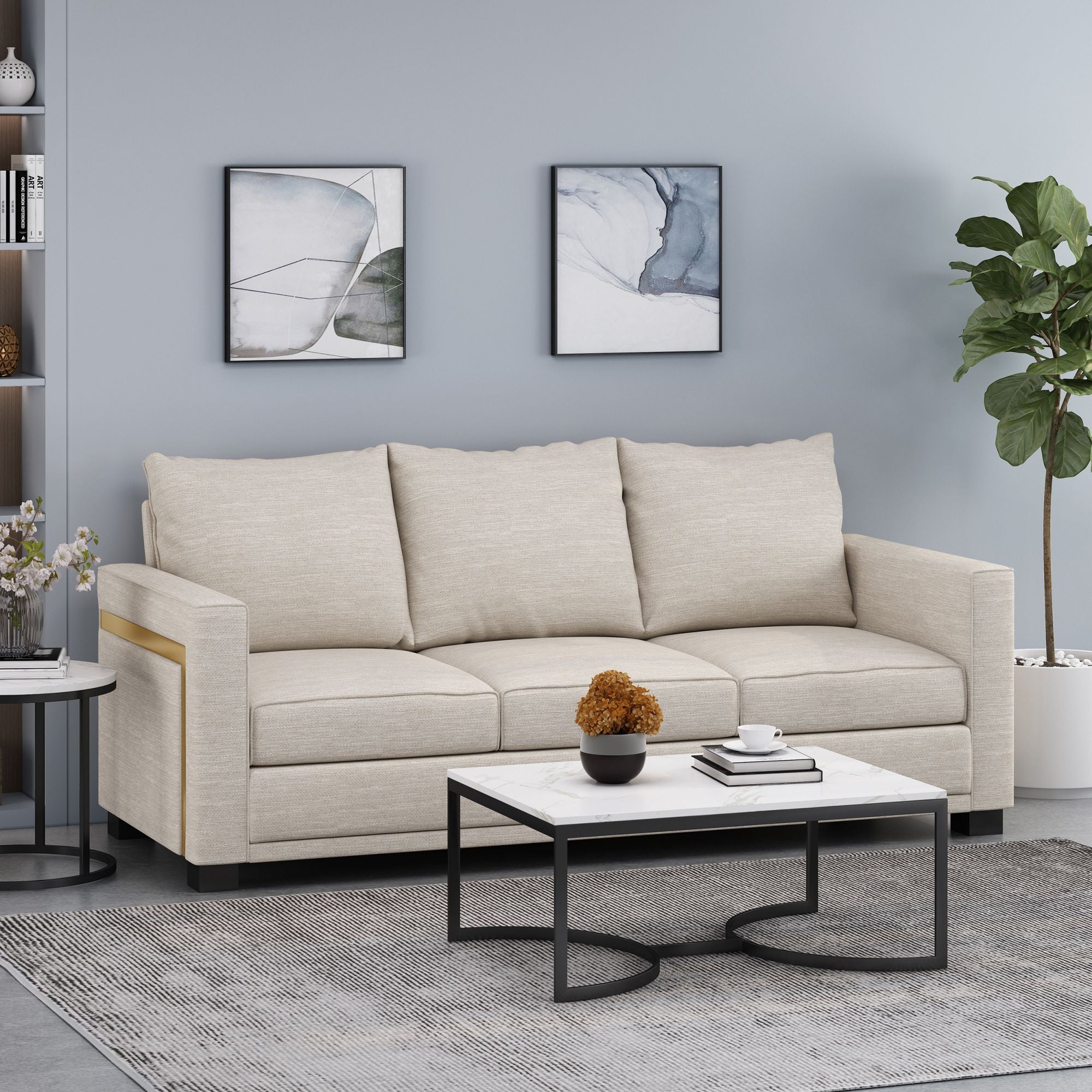 Contemporary Light Beige Fabric 3-Seater Sofa with Square Arms – Comfortable, Stylish, and Cozy, Perfect for Family Seating and Relaxing Evenings, Modern Design and High-Quality Upholstery