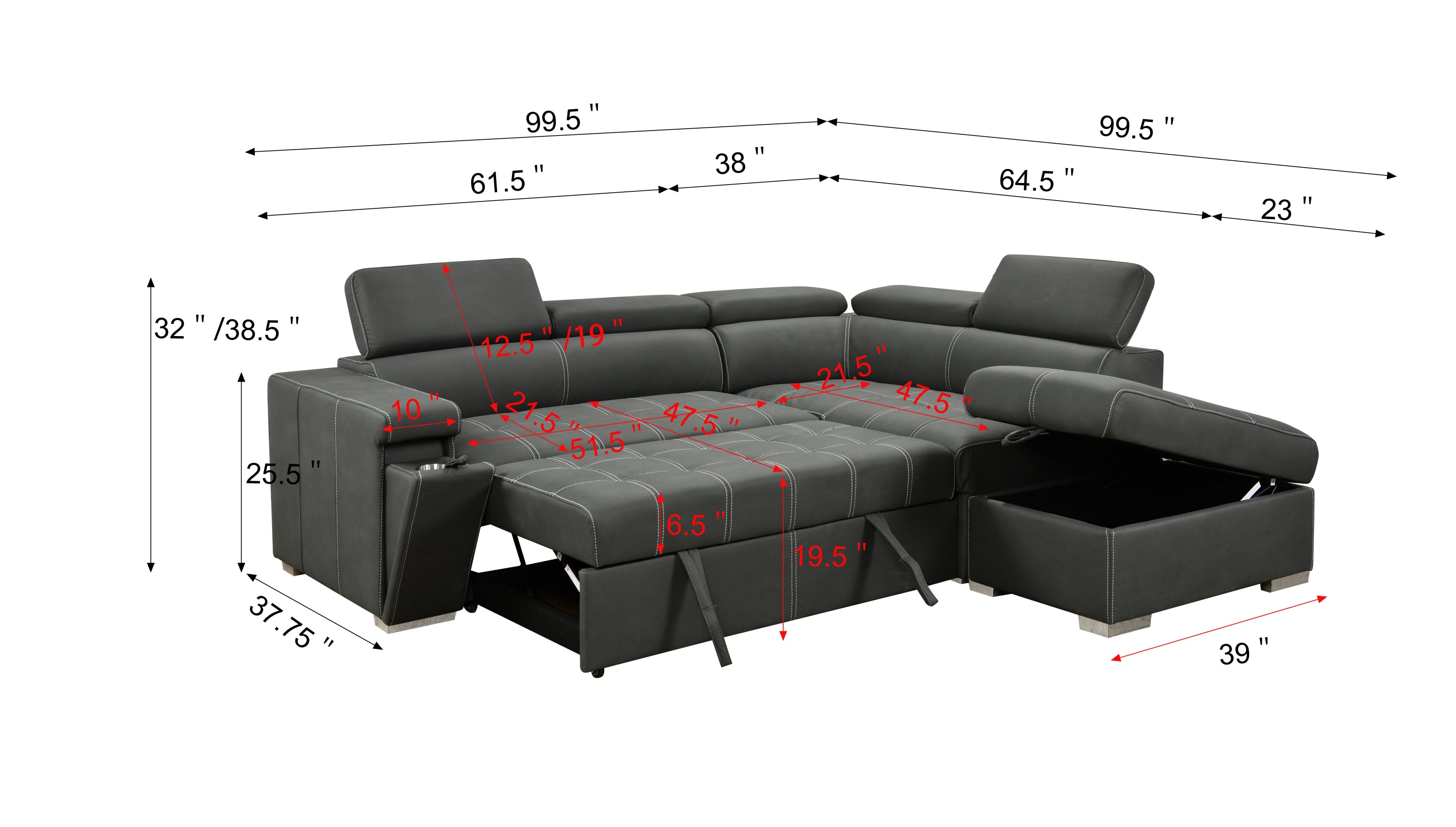 99.5" Modern 2 in 1 Convertible Sofa Bed with Pull-Out Bed and Chaise Lounge with Adjustable Headrest, L Shaped Couches for Living Room Apartment w/Storage Ottoman, and Cup Holder, Dark Grey