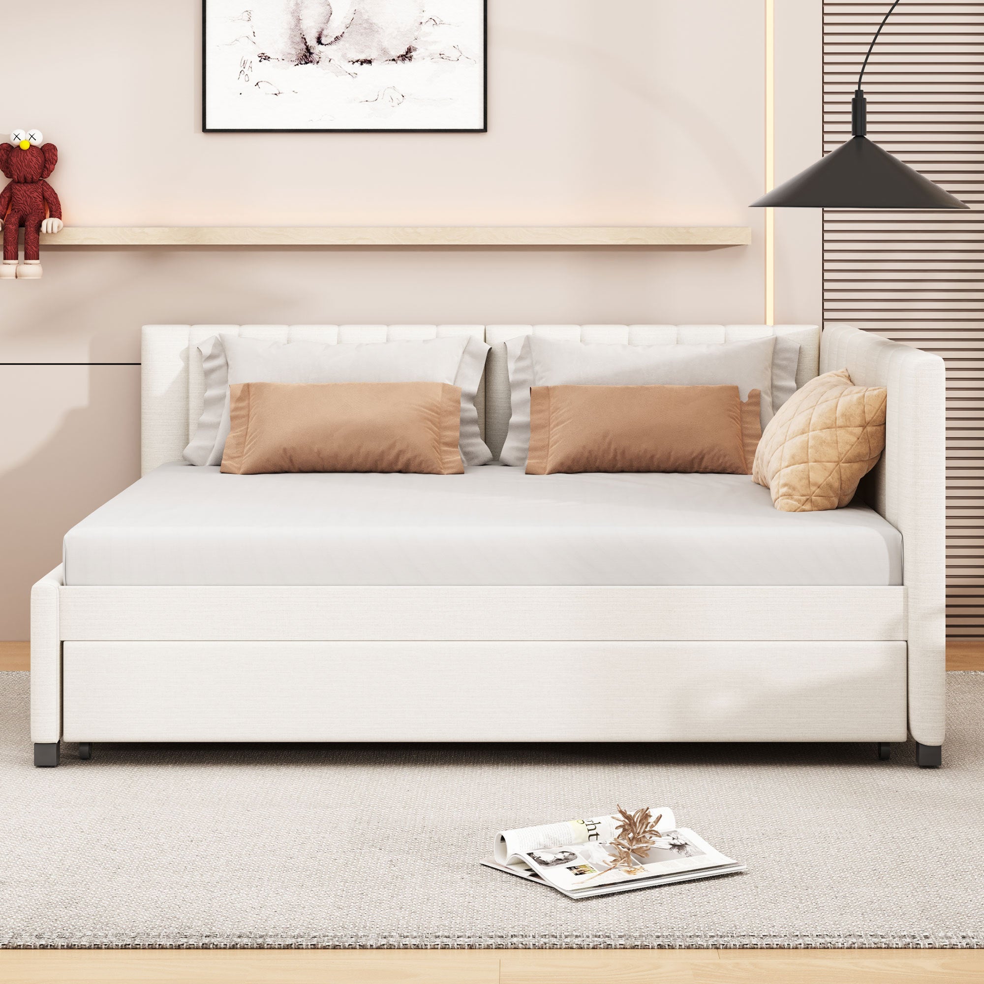 Full Size Upholstered Daybed with Trundle Sofa Bed Frame No Box Spring Needed, Linen Fabric(Beige)