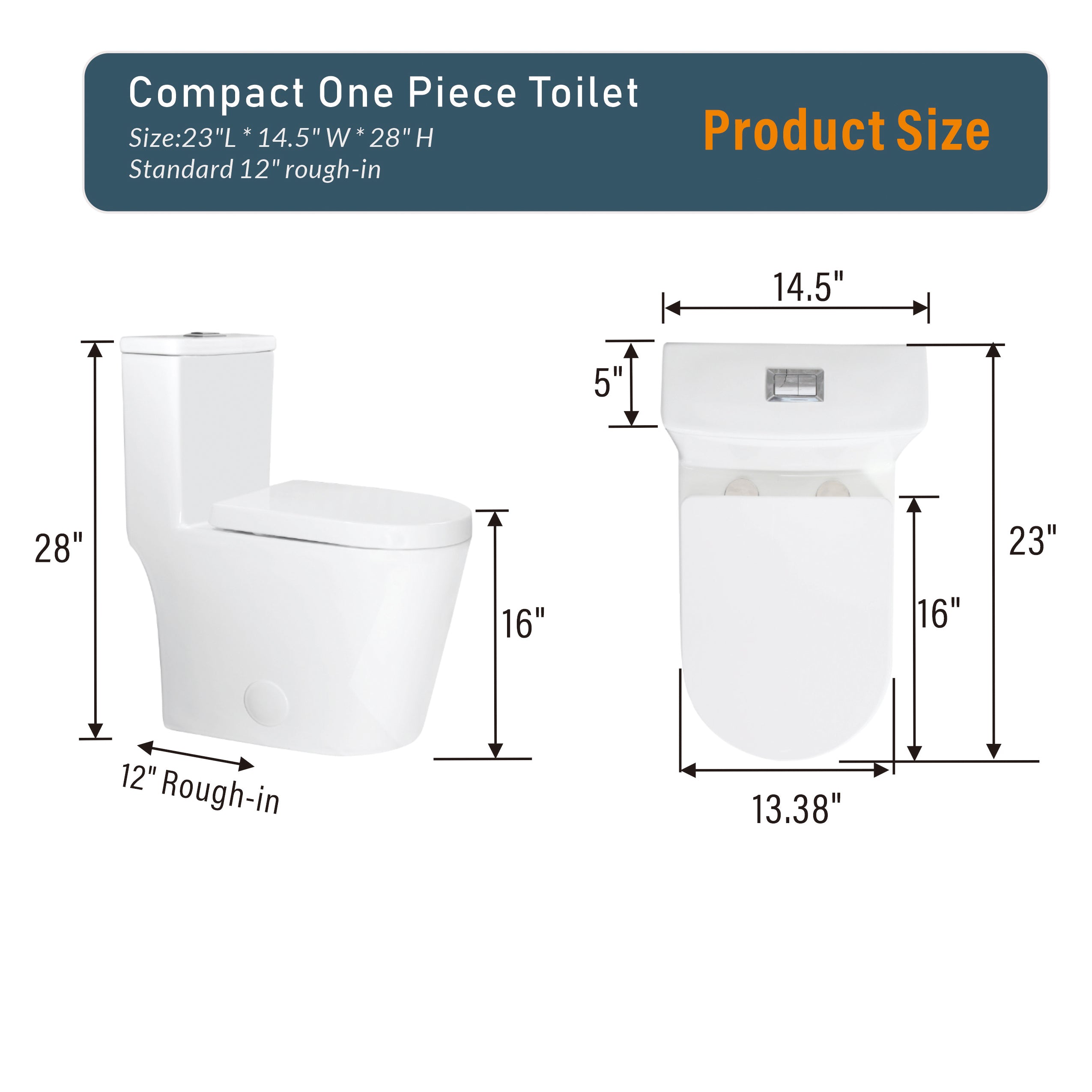 Small Compact One Piece Toilet Dual Flush,23 inch Short Depth for Tiny Bathroom,White