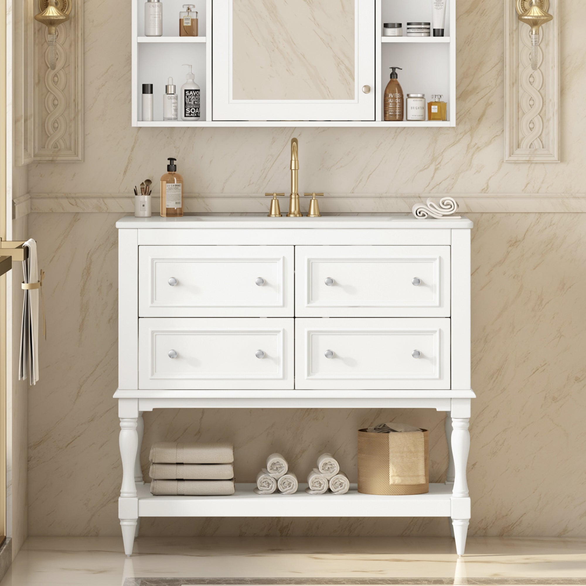 36 inch white vanity set with 4 drawers, styled bathroom scene