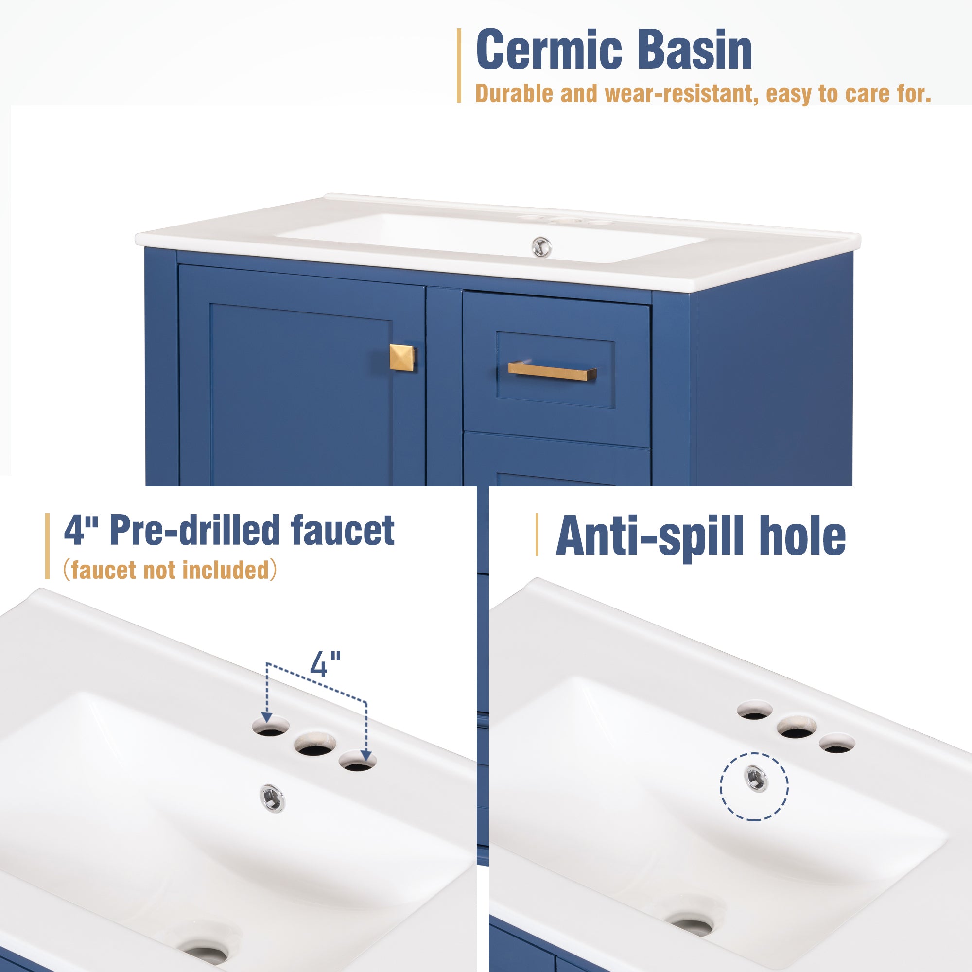 30" Bathroom Vanity , Modern Bathroom Cabinet with Sink Combo Set, Bathroom Storage Cabinet with a Soft Closing Door and 3 Drawers, Solid Wood Frame(Blue)