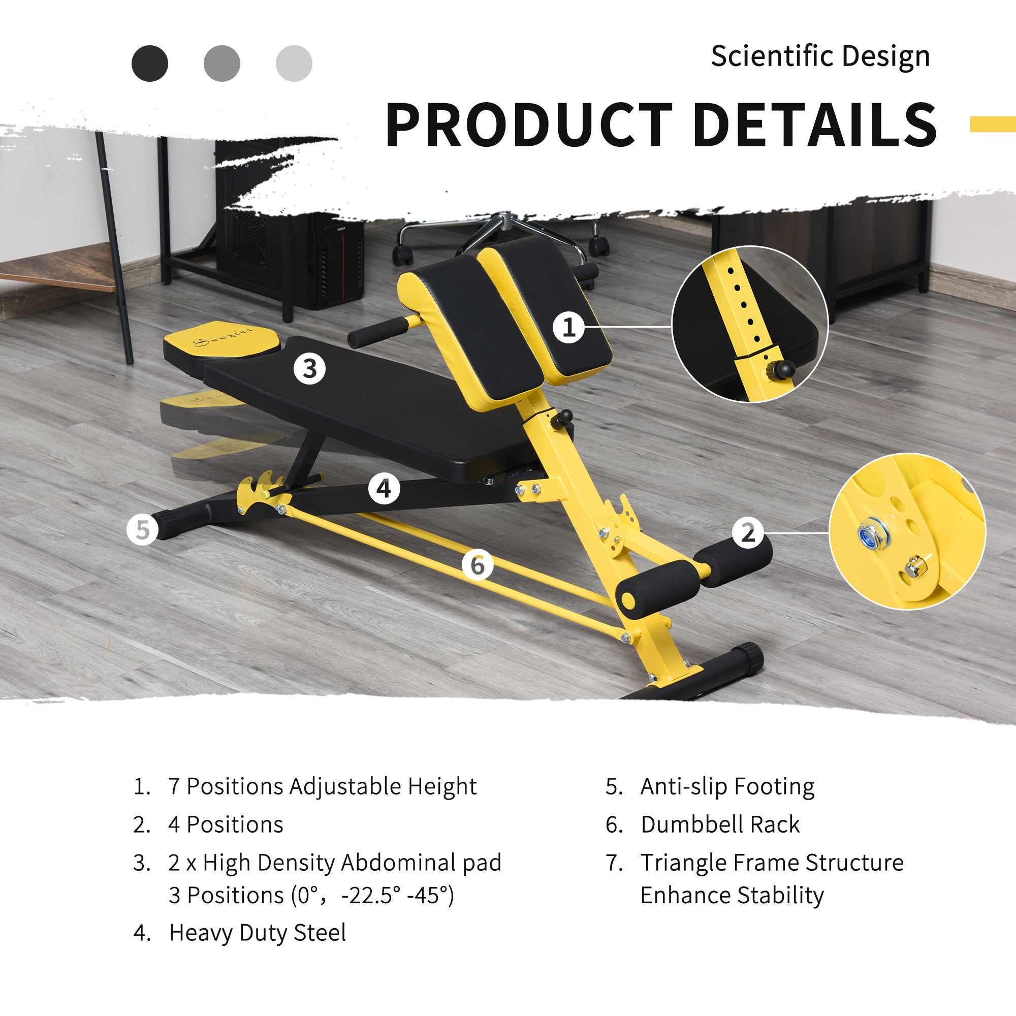 Soozier Adjustable Hyper Extension Dumbbell Weight Bench, Foam Leg Holders, Exercise Abs, Arms, Core, Strength Workout Station for Home Gym, Yellow