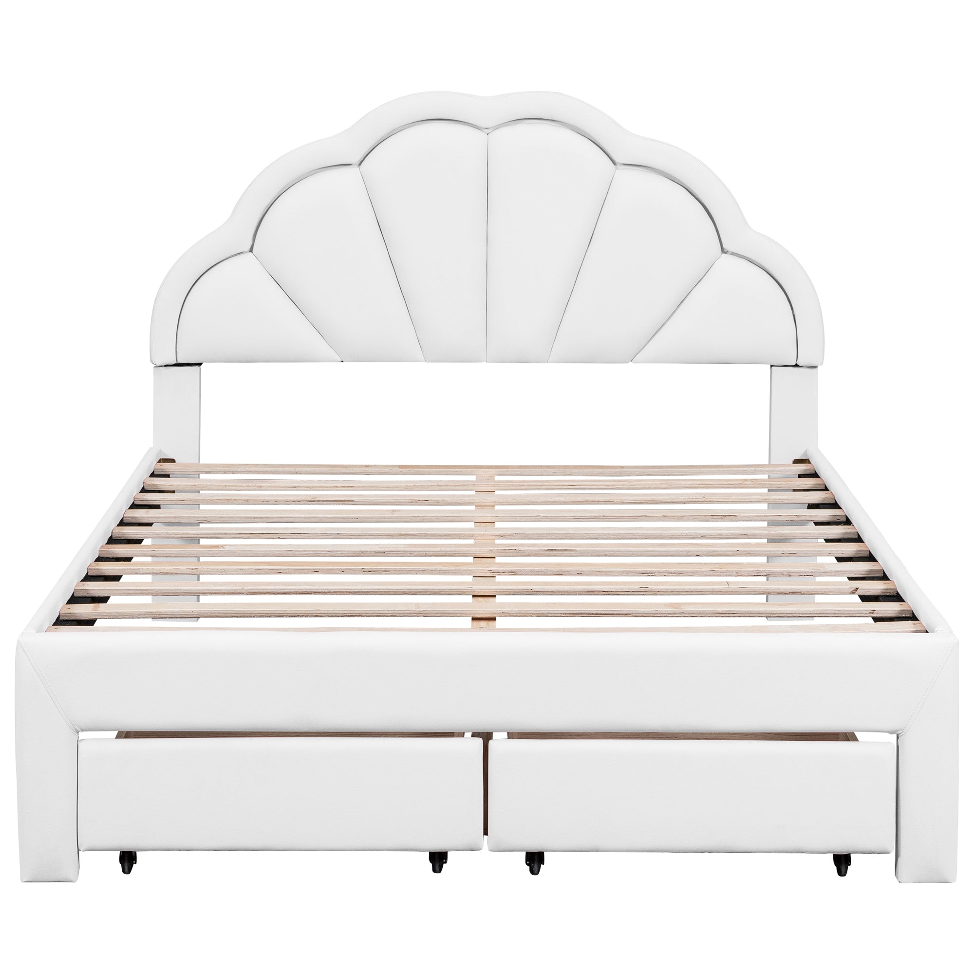 Full Size Upholstered Platform Bed with Seashell Shaped Headboard, LED and 2 Drawers, White