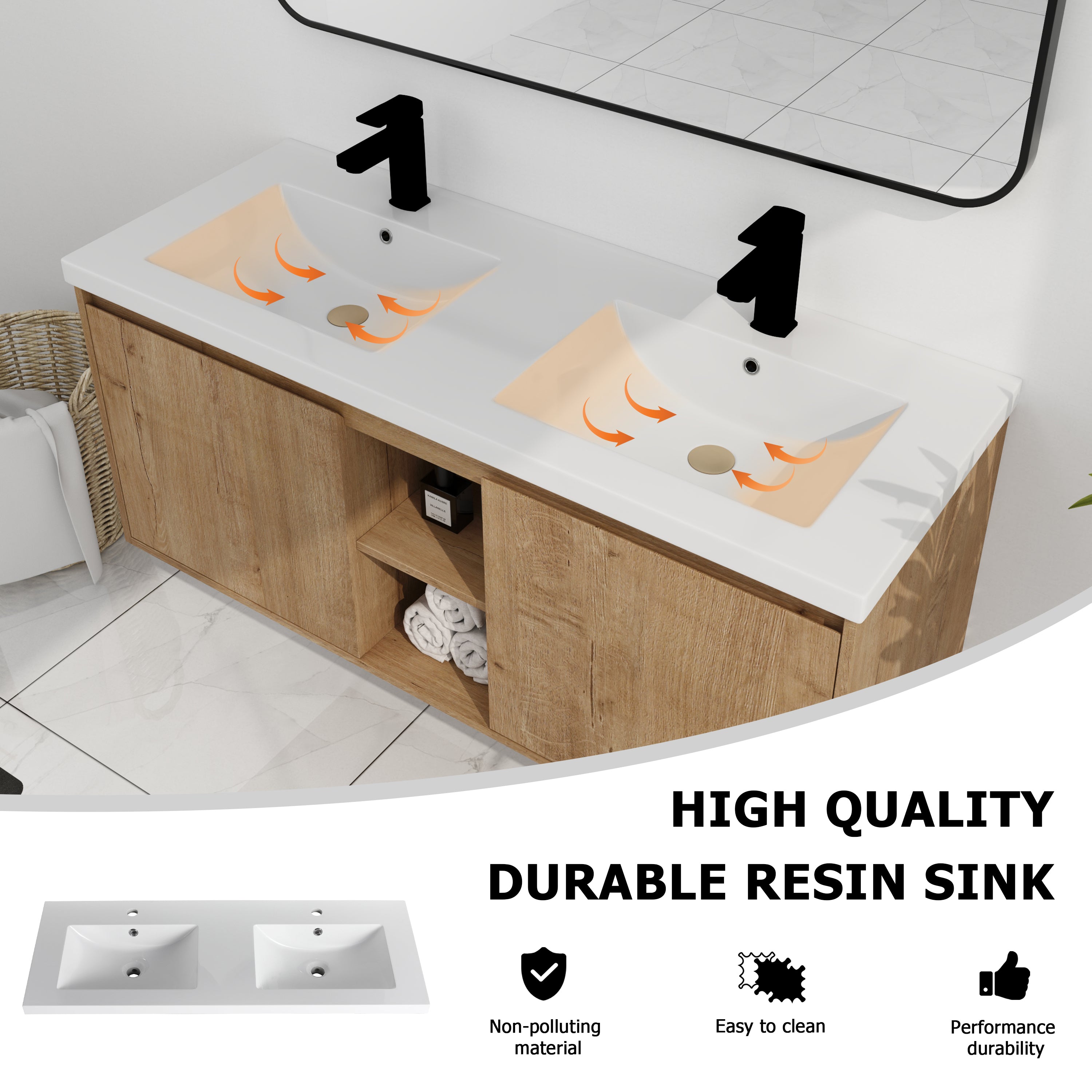 48"  Wall Mounted Bathroom Vanity With Double Sink, Soft Closing Door Hinge (KD-Package)-BVB07248IMOX-GRB4840D