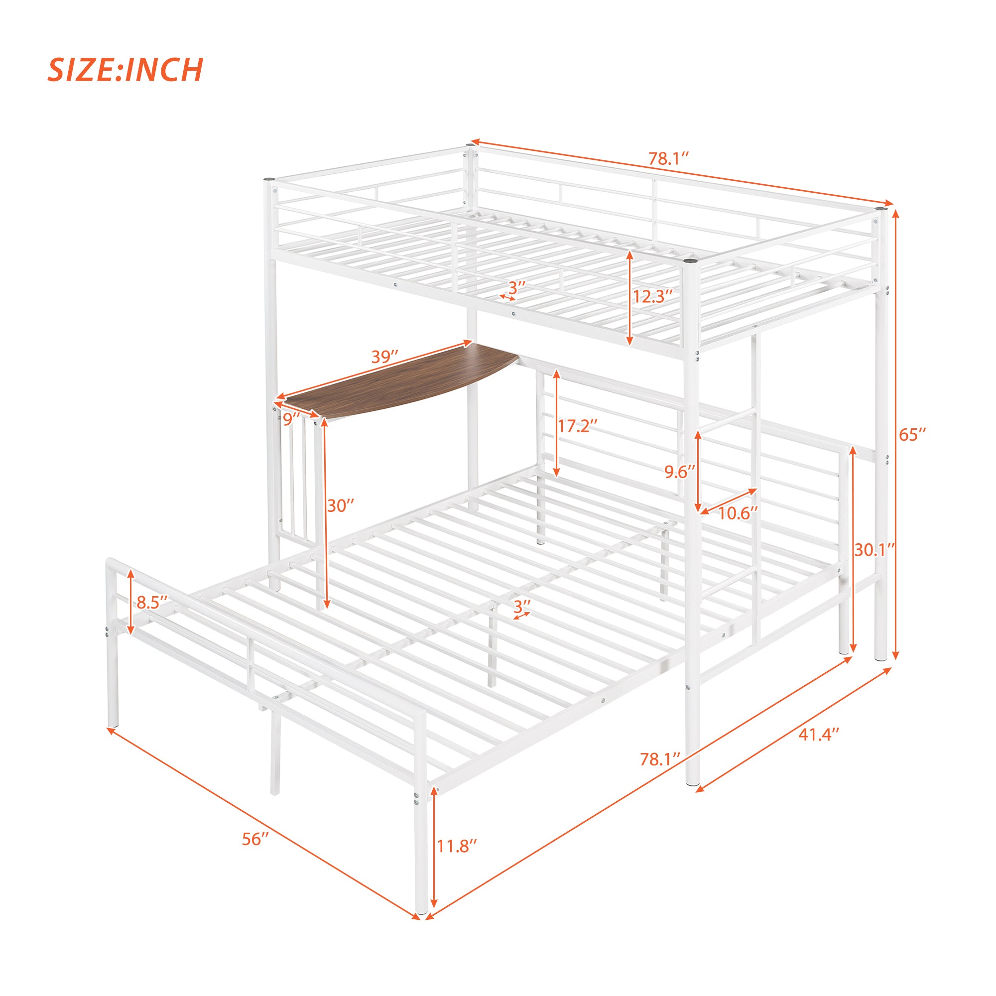 Twin Over Full Metal Bunk Bed with Desk, Ladder and Quality Slats for Bedroom, Metallic  White（OLD SKU :LP000092AAK）