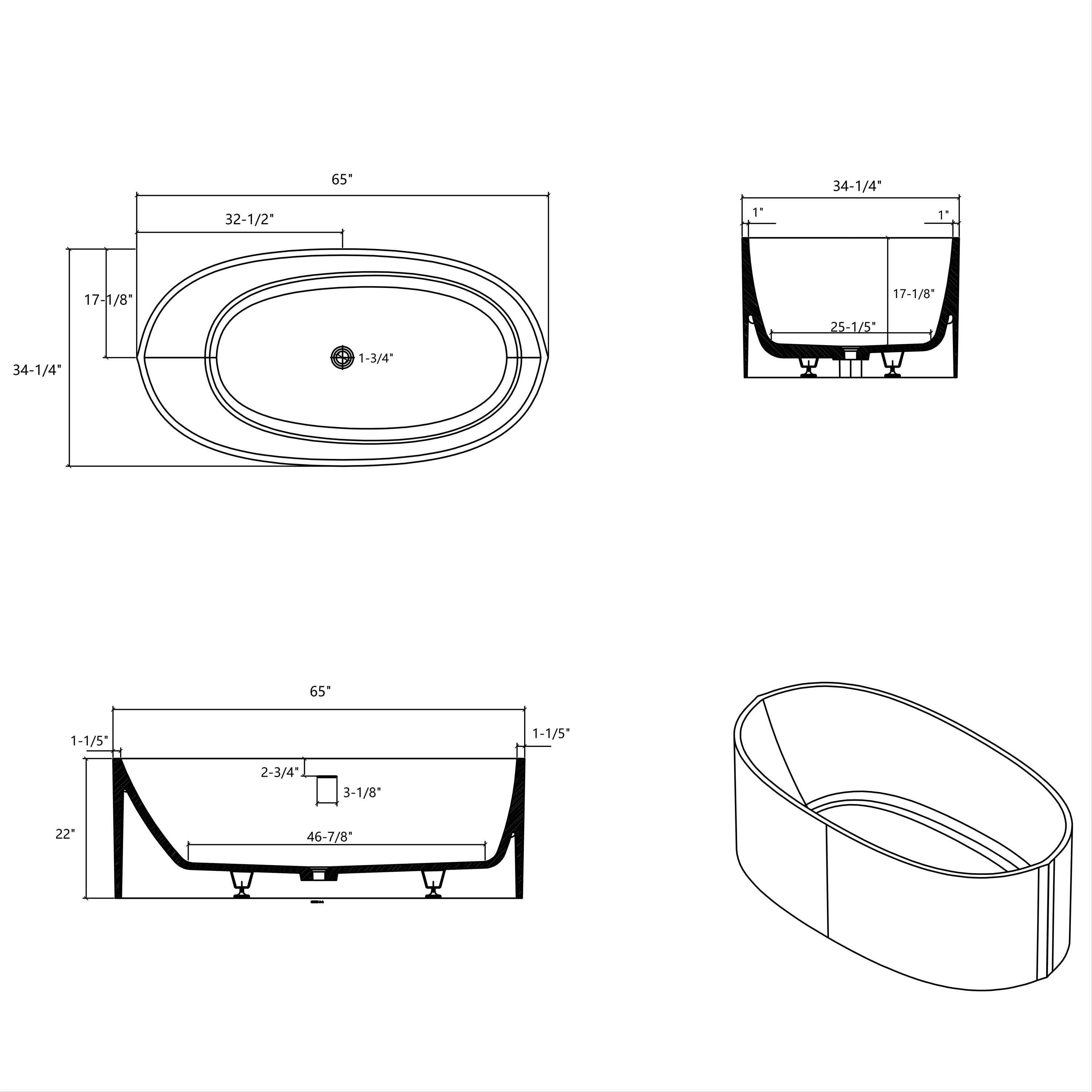 65" Freestanding Solid Surface Bathtub, Stone Resin Freestanding Bath Tub with Overflow and Pop-up Drain, Matte White 24S08-65MW