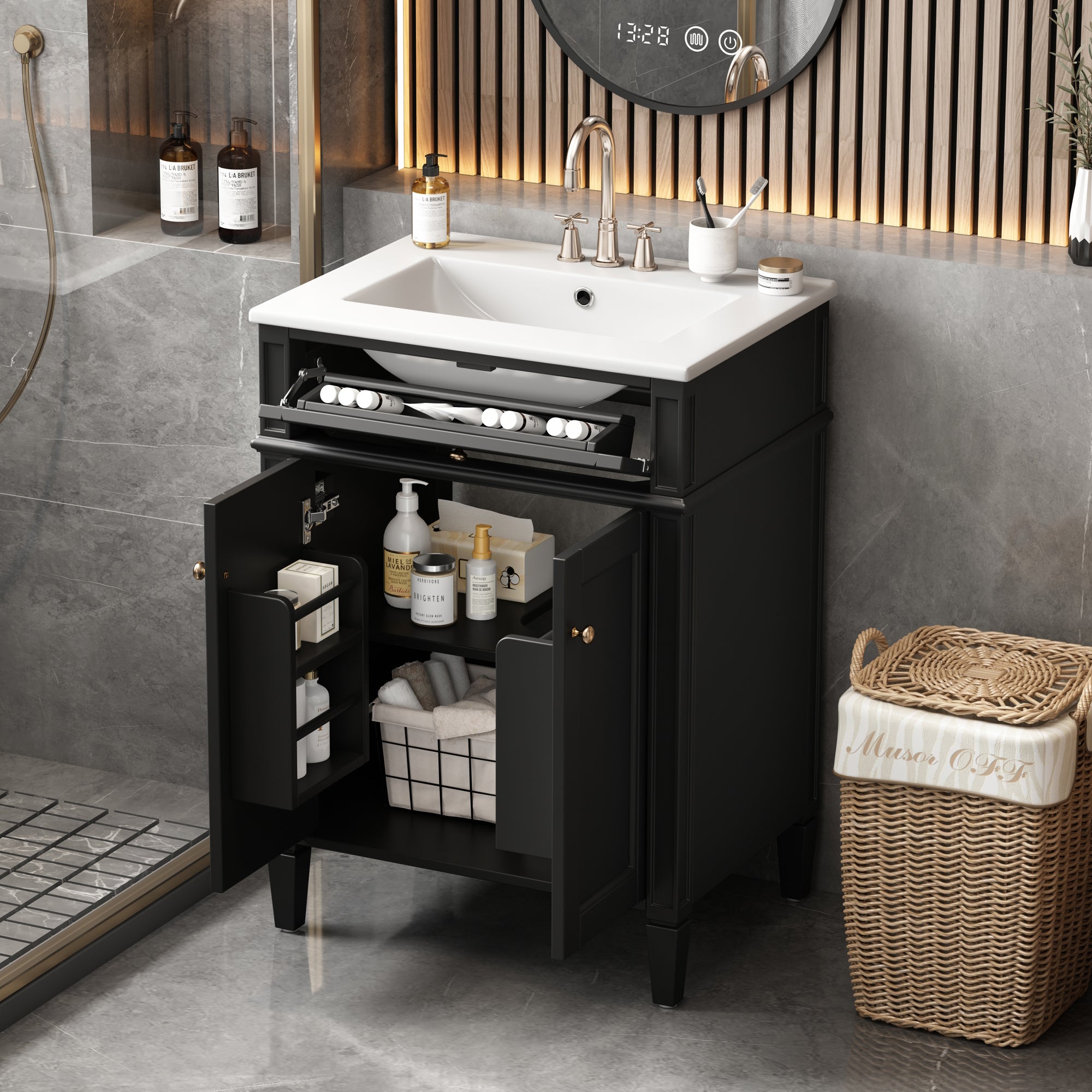 24-inch bathroom vanity with tip-out drawer, angled view