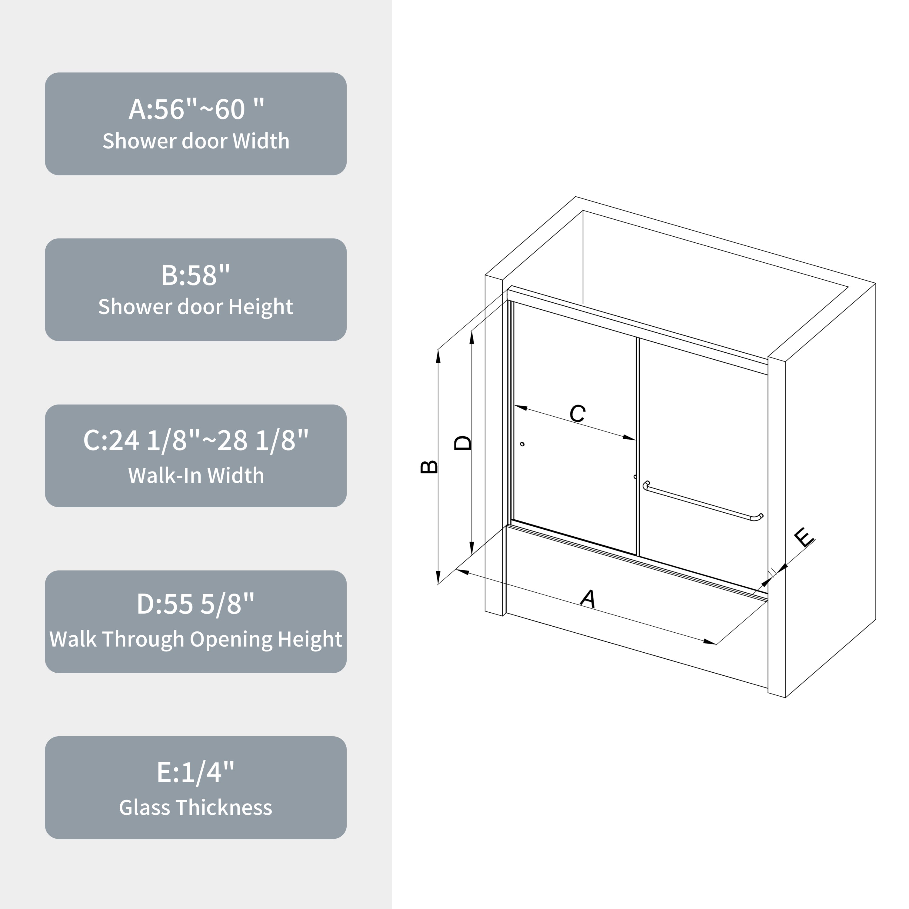 (56-60"W x 58"H) Bathtub Bypass shower door, sliding door, with 1/4" tempered glass and Matted  black finish  6058