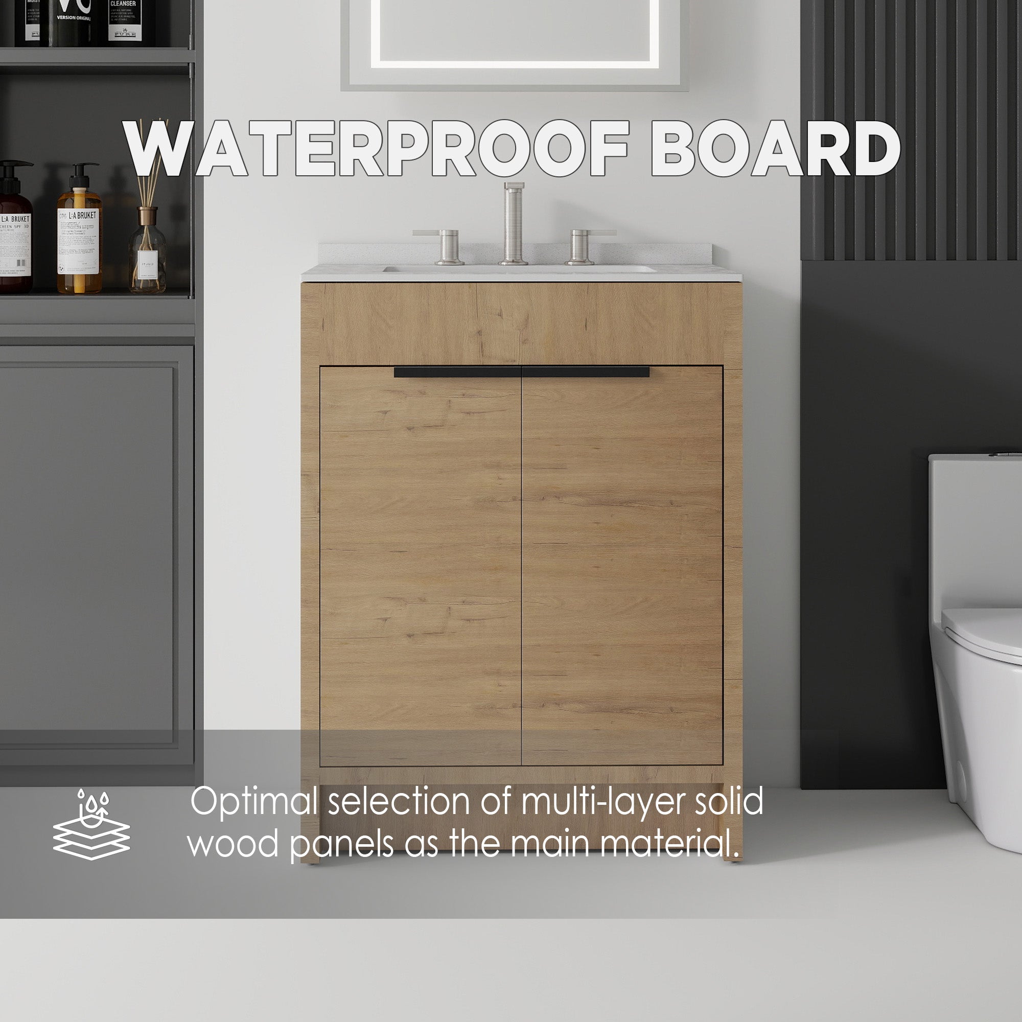 24 inch freestanding vanity oak cabinet with soft-close door, side view