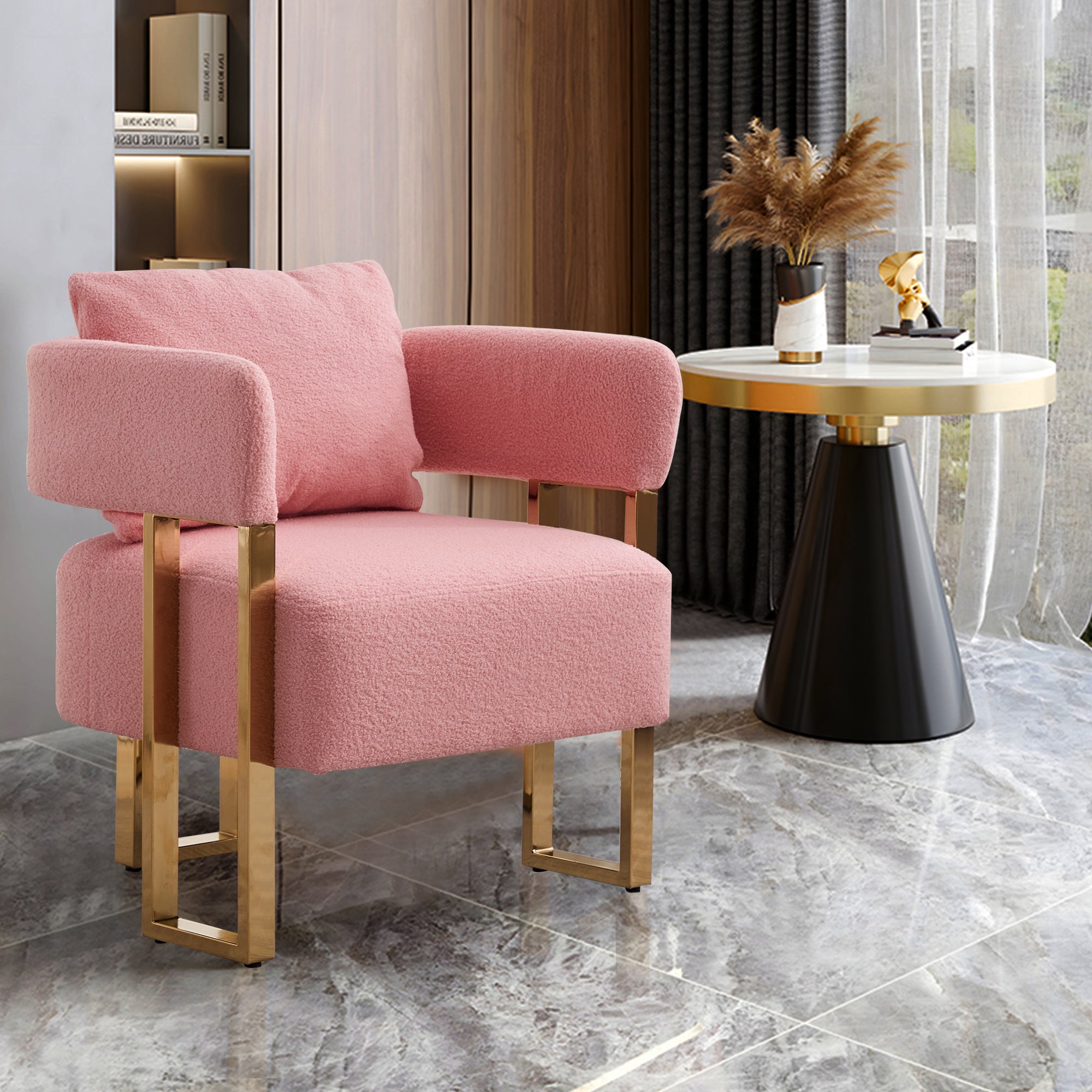 TS Modern decorative chair, living room side chair with gold metal legs, no wheels, suitable for dressing area, reception room, office,Teddy fleece upholstered metal foot sofas 2PCS Pink