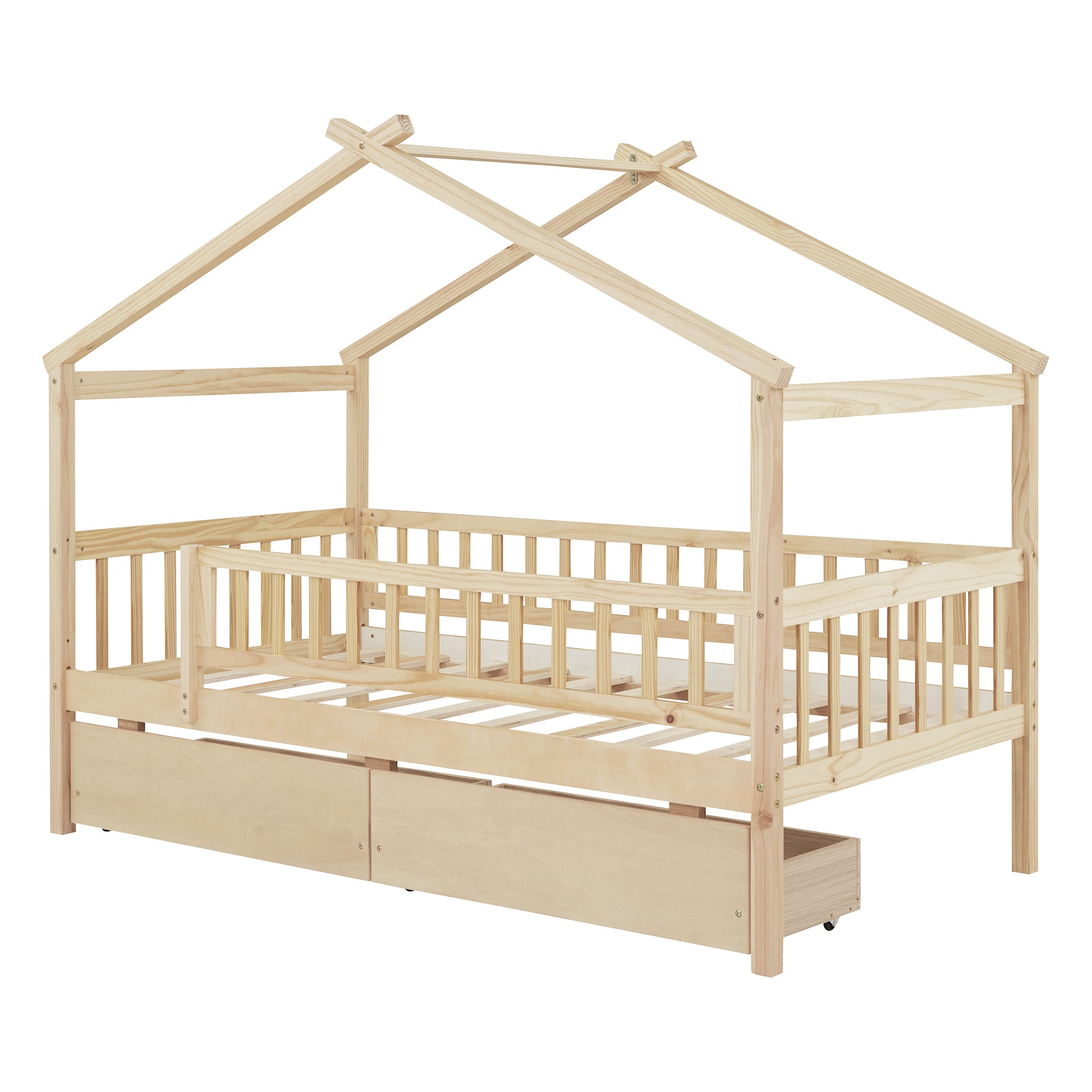 Twin Size Wooden House Bed with Two Drawers, Natural