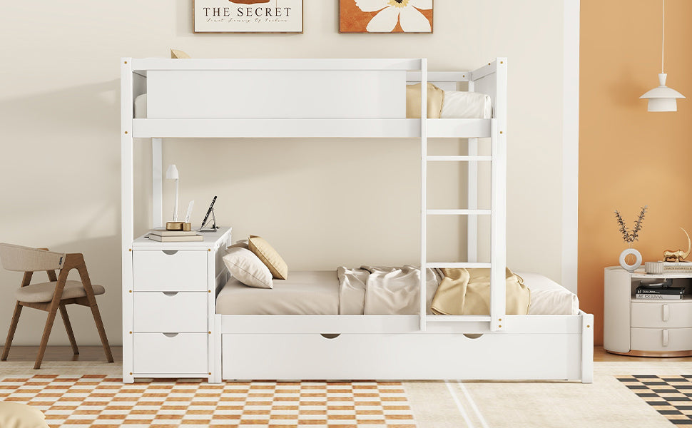 Full-Over-Full Bunk Bed with Twin size Trundle, Storage and Desk, White