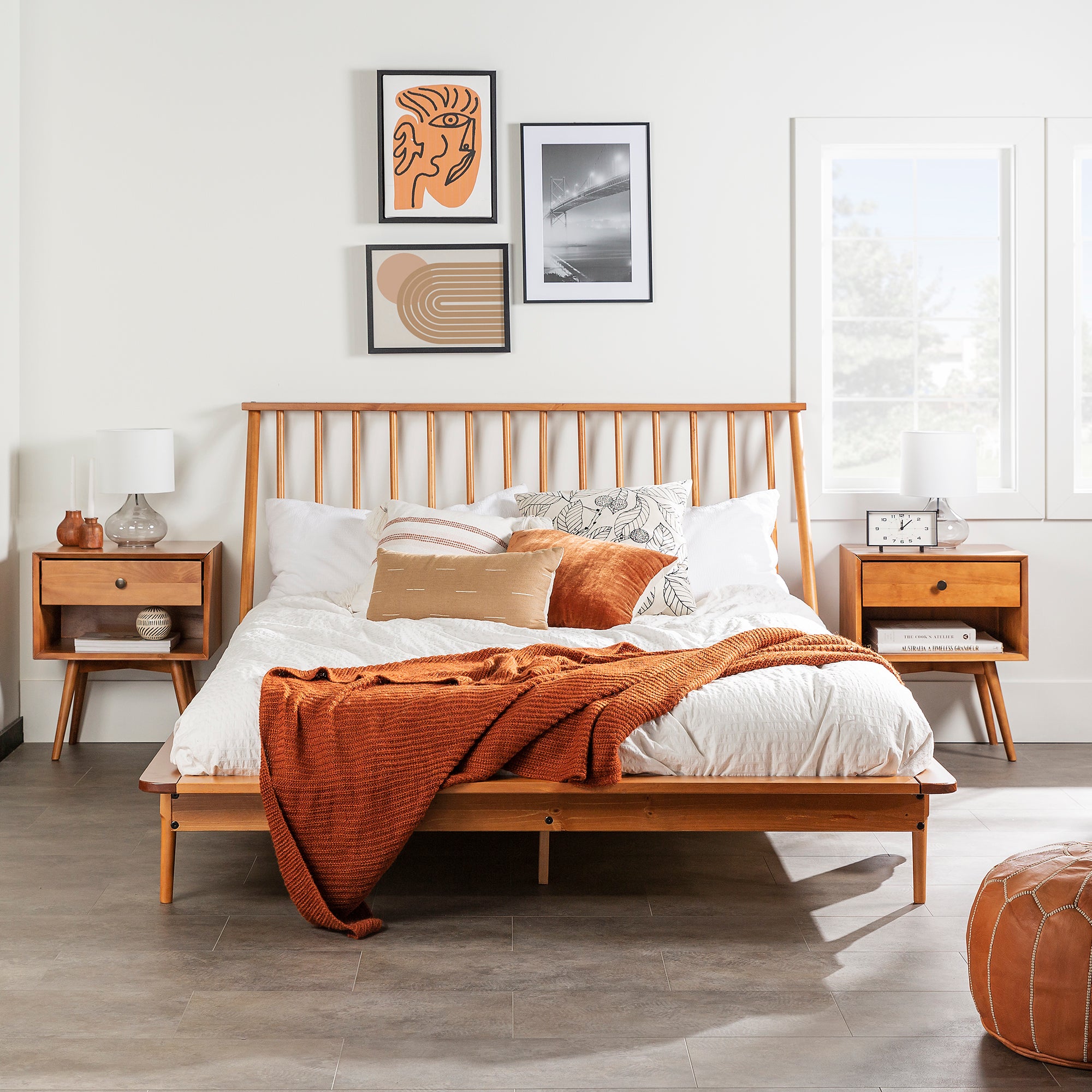 Mid-Century Modern Solid Wood Queen Platform Bed Frame with Spindle Headboard - Caramel