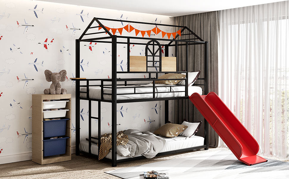 Twin Over Twin Metal Bunk Bed ,Metal Housebed With Slide,Three Colors Available.(Black with Red Slide)(OLD SKU :LP000095AAJ)