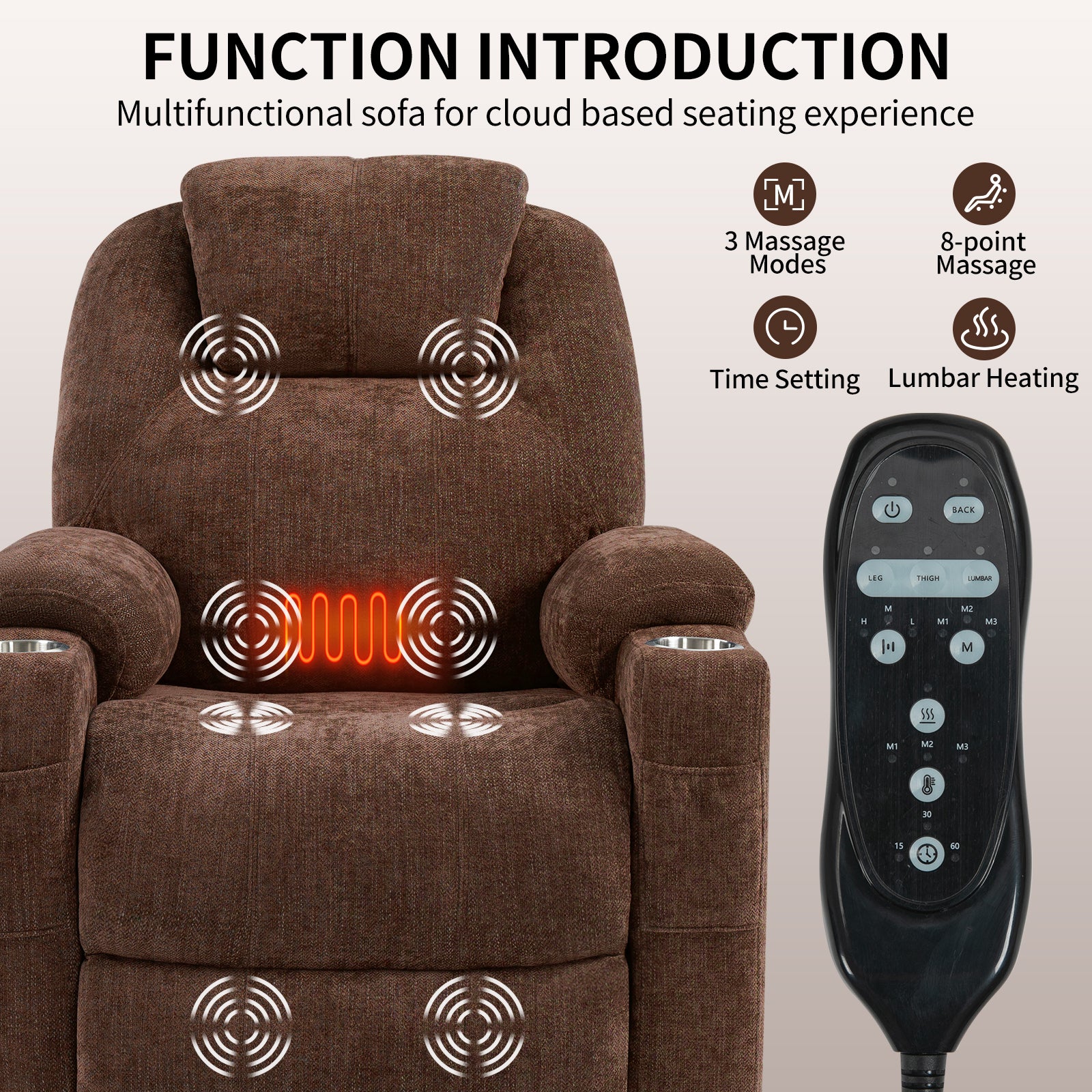 Up to 350 LBS Chenille Power Lift Recliner Chair, Heavy Duty Motion Mechanism with 8-Point Vibration Massage and Lumbar Heating, USB and Type-C Ports, Stainless Steel Cup Holders, Brown