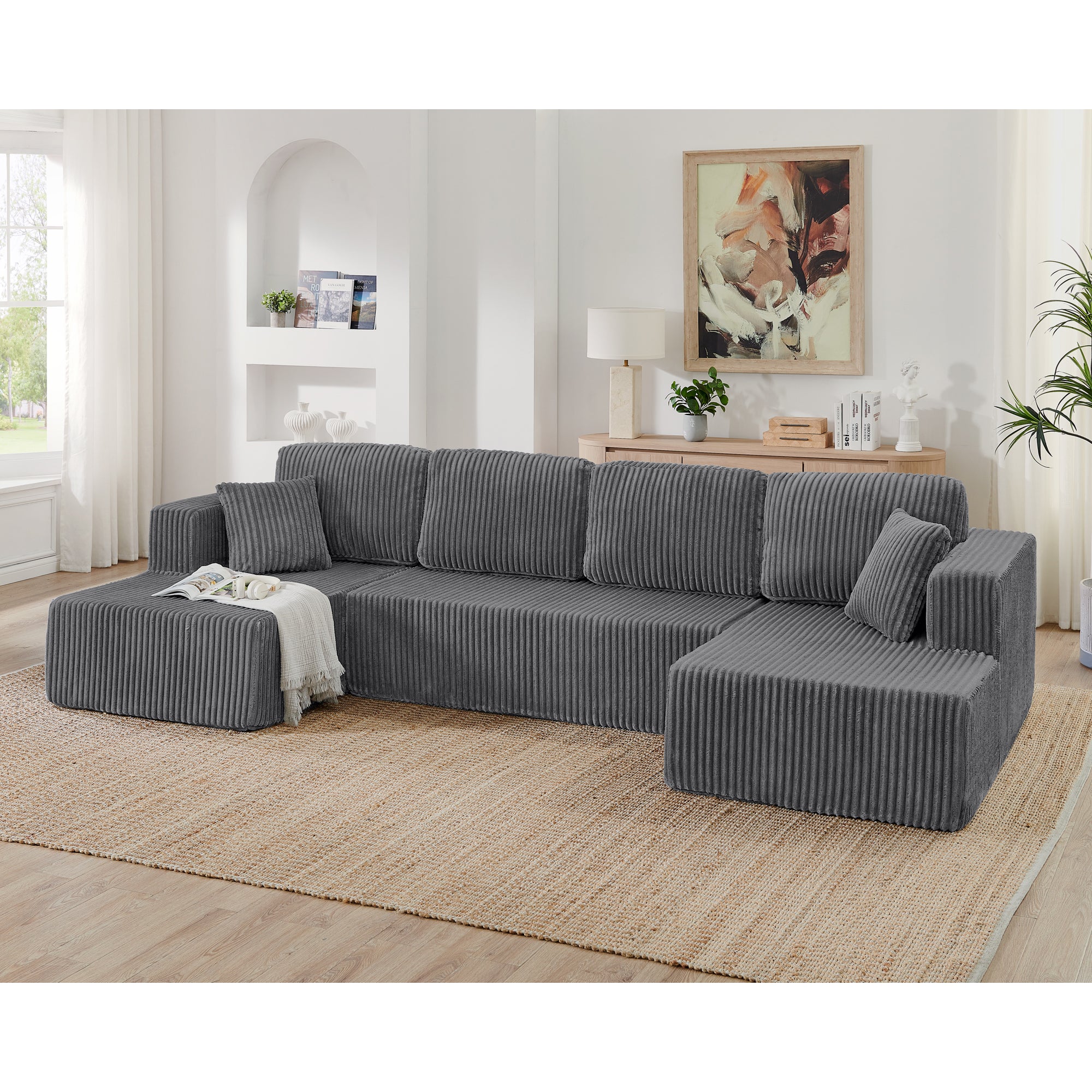 Grey U-shape modular corduroy sectional sofa, full front view