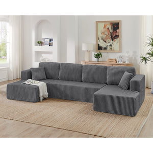 Grey U-shape modular corduroy sectional sofa, full front view