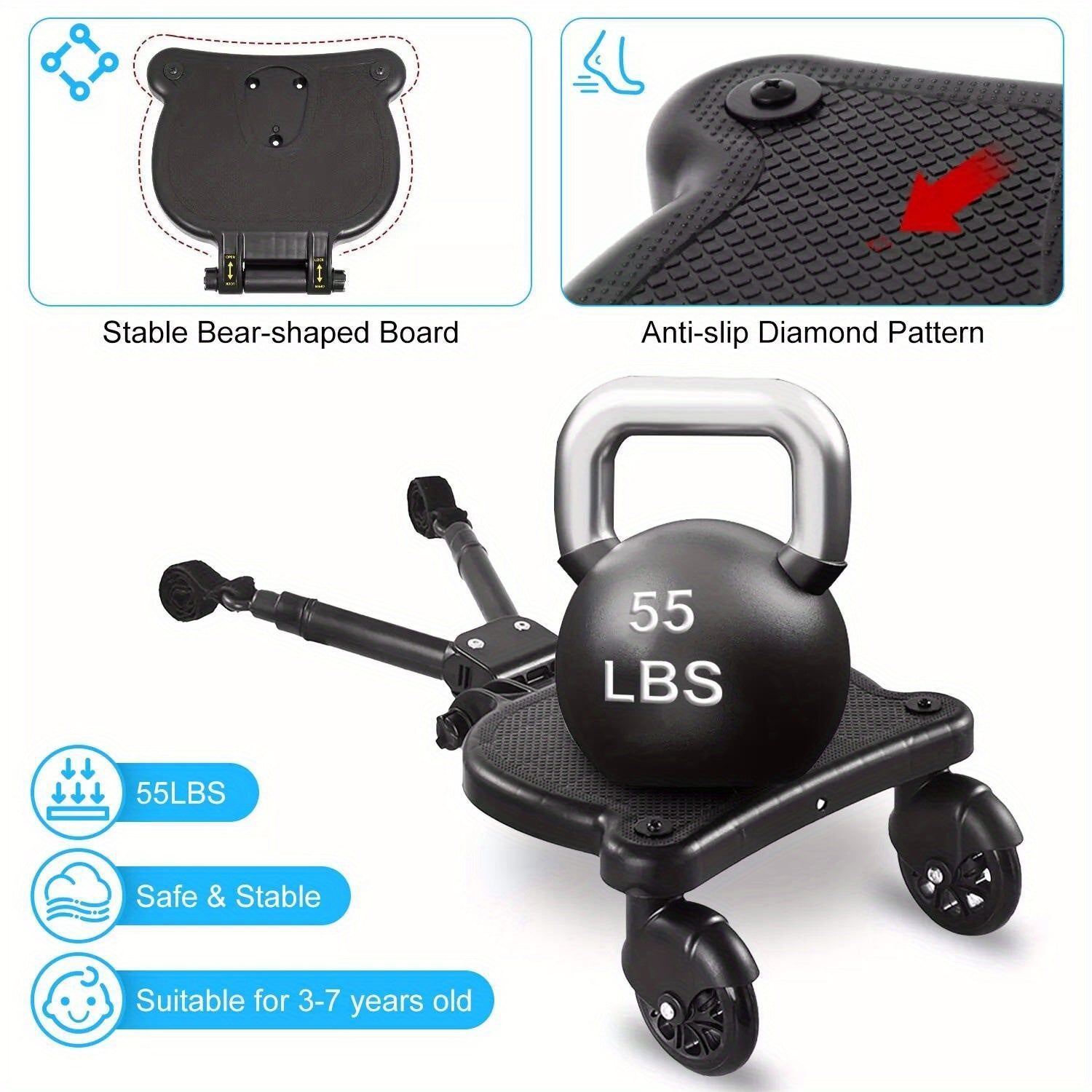 2 In 1 Universal Stroller Board Sit & Stand Buggy Wheeled Board Toddler Stroller Attachment with Detachable Seat for 3-7 Years Old