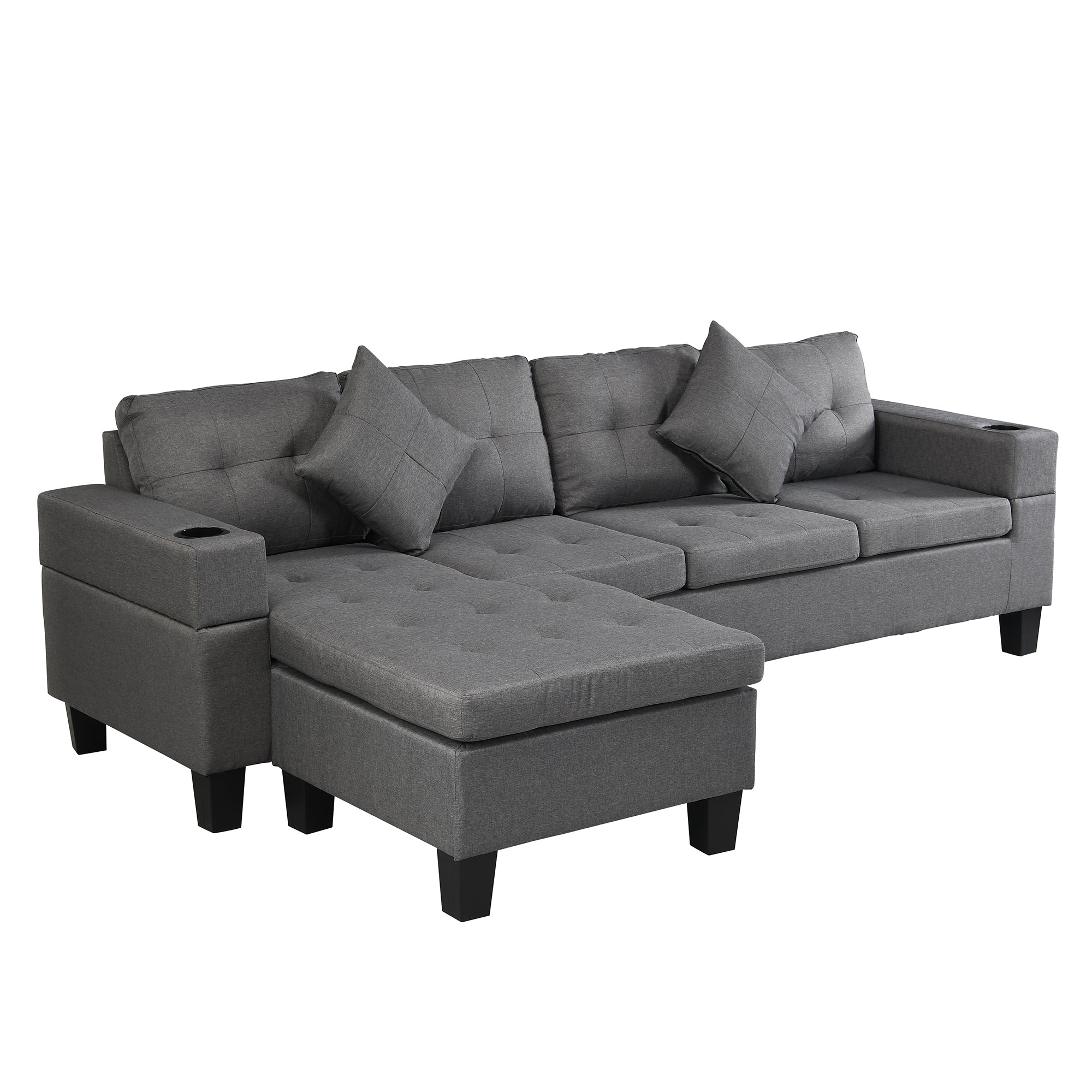 Sectional Sofa Set for Living Room with L Shape Chaise Lounge,cup holder and Left or Right Hand Chaise Modern 4 Seat (FAUX LINEN GREY)