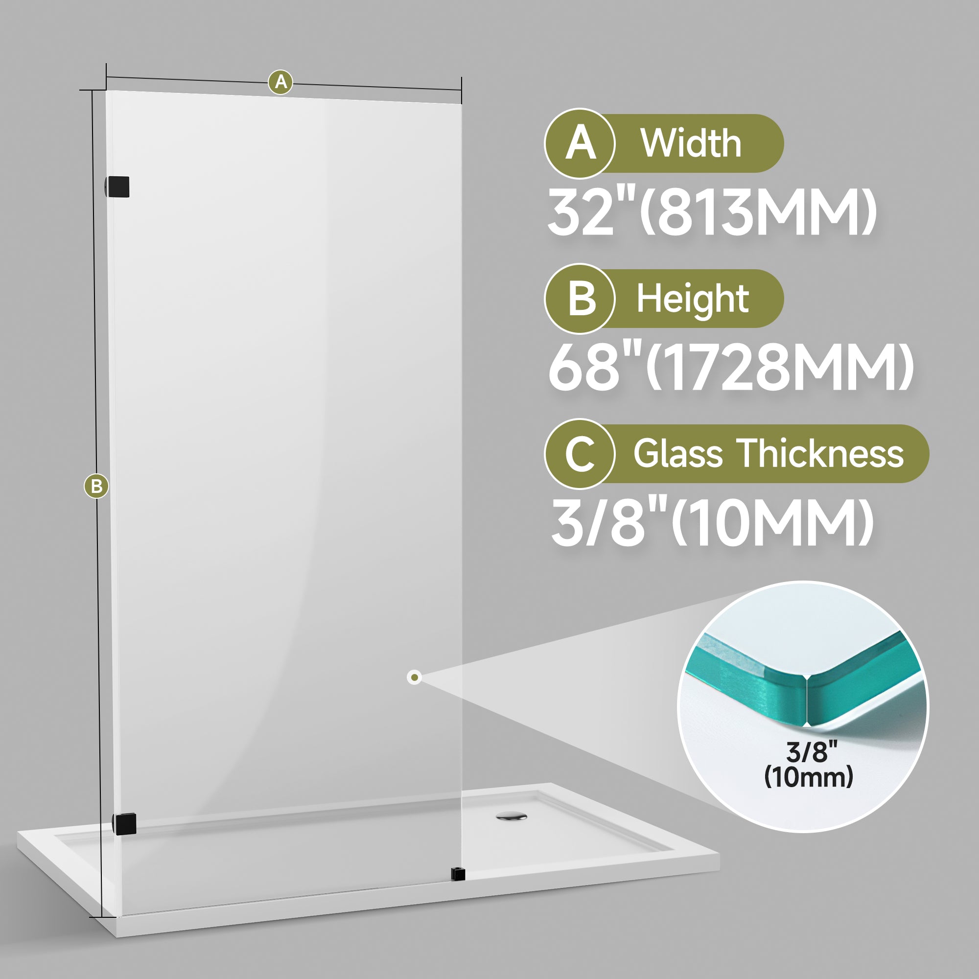 32 x 68 in Frameless Fixed Shower Screen - 32 x 68 in / Matte Black Clamp view 3