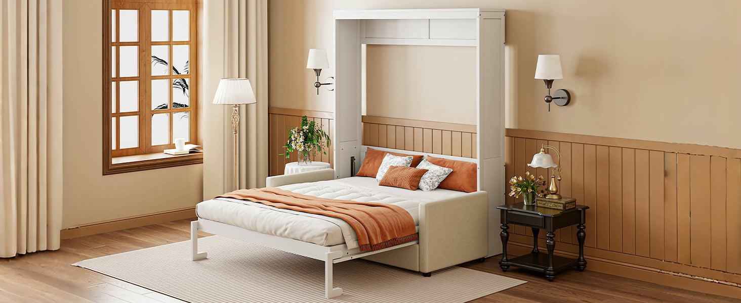 Full Size Murphy Bed Wall Bed with Cushion,White