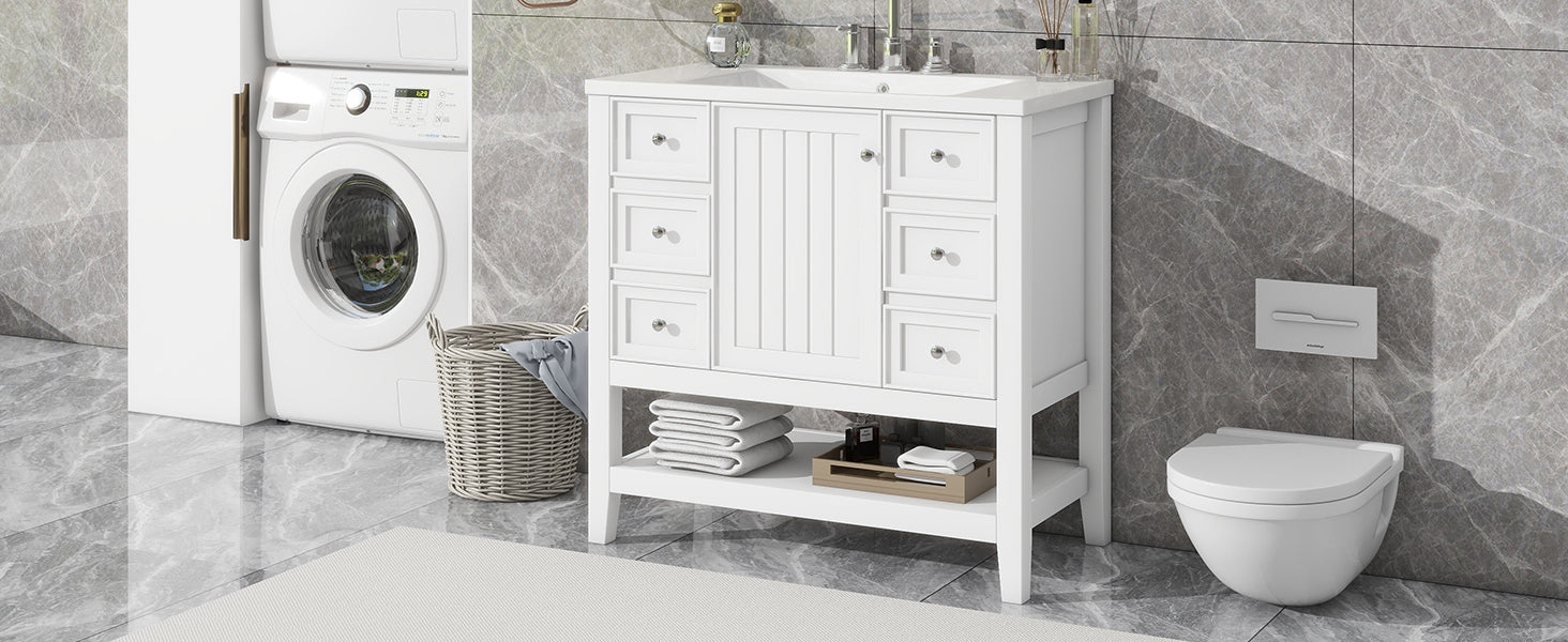 36" Bathroom Vanity with Sink Combo, One Cabinet and Three Drawers, Solid Wood and MDF Board, White