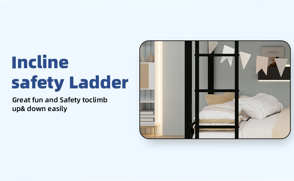 Twin over twin metal bunk bed in black, angled view