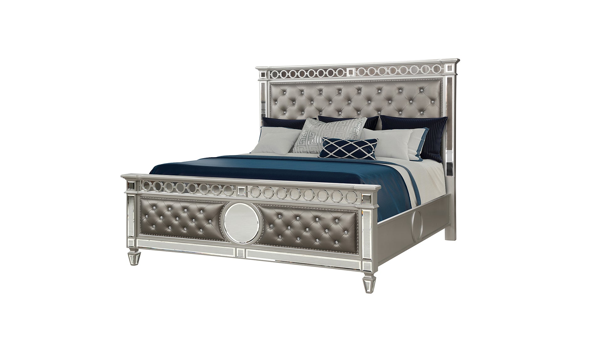 Modern Style Ringed & Mirror Front Crystal Tufted Upholstery King Bed Made with Wood & Diamond shaped legs in Silver