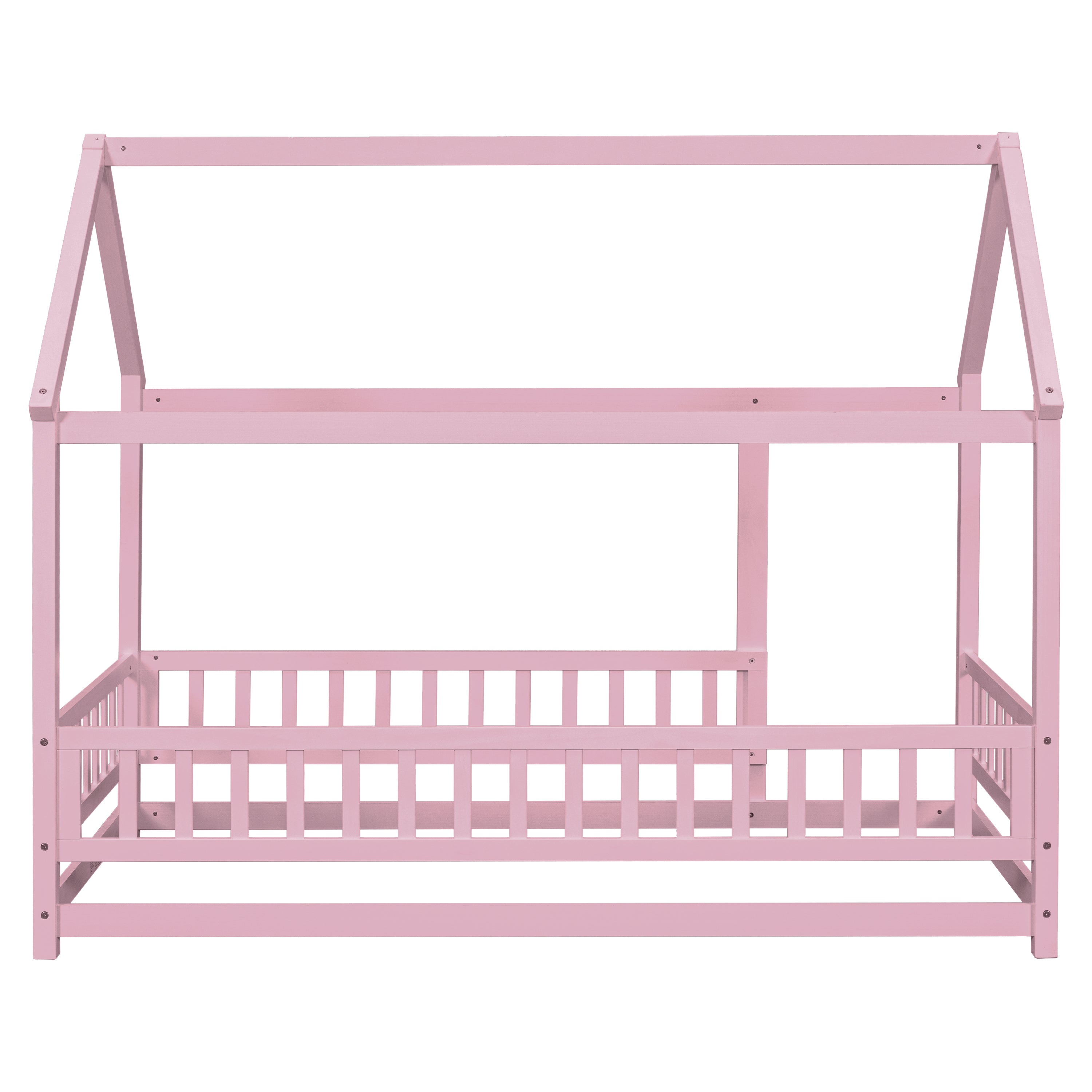 Twin Size Floor Wooden Bed with House Roof Frame, Fence Guardrails,Pink