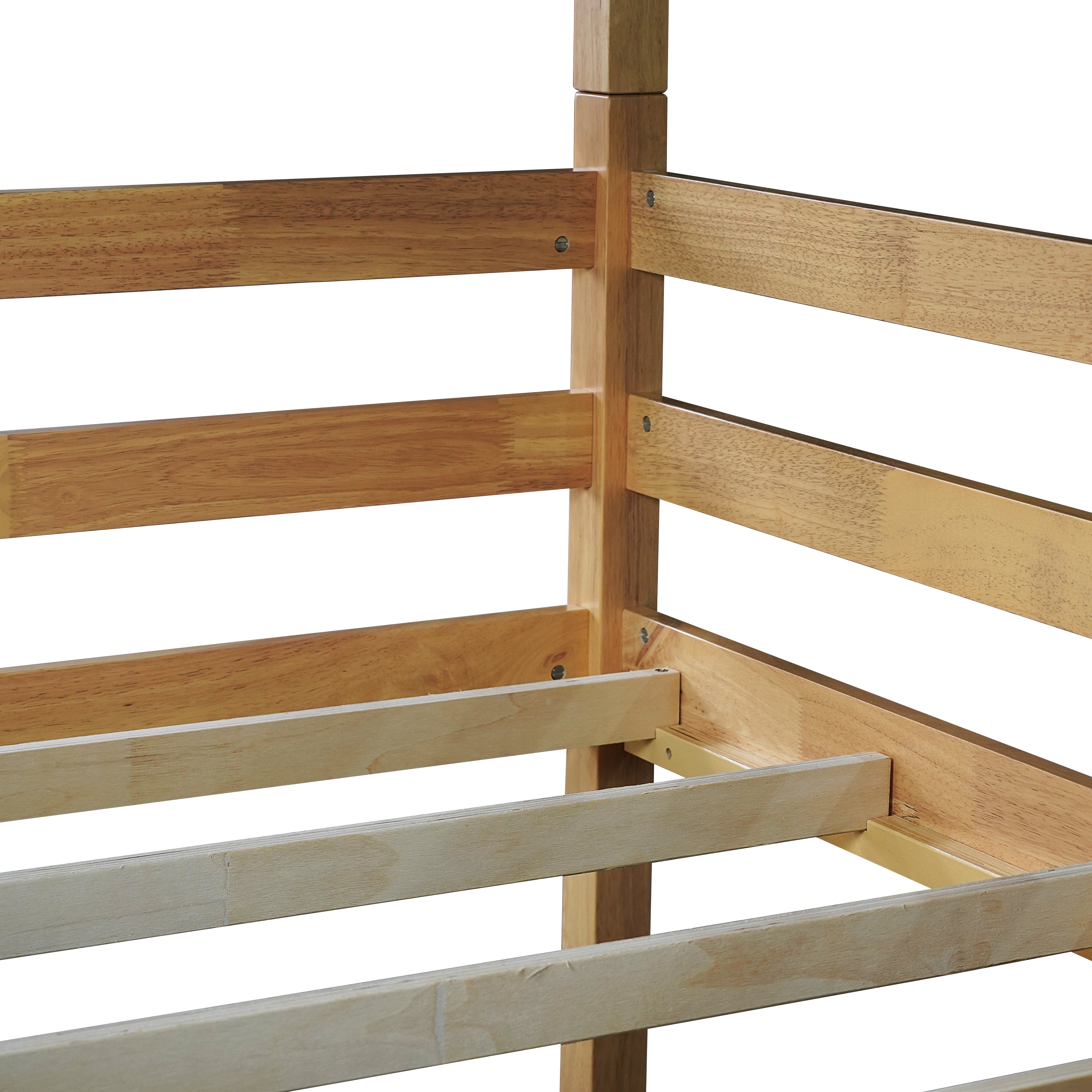 Triple twin rubber wood bunk bed, natural finish, angled side view
