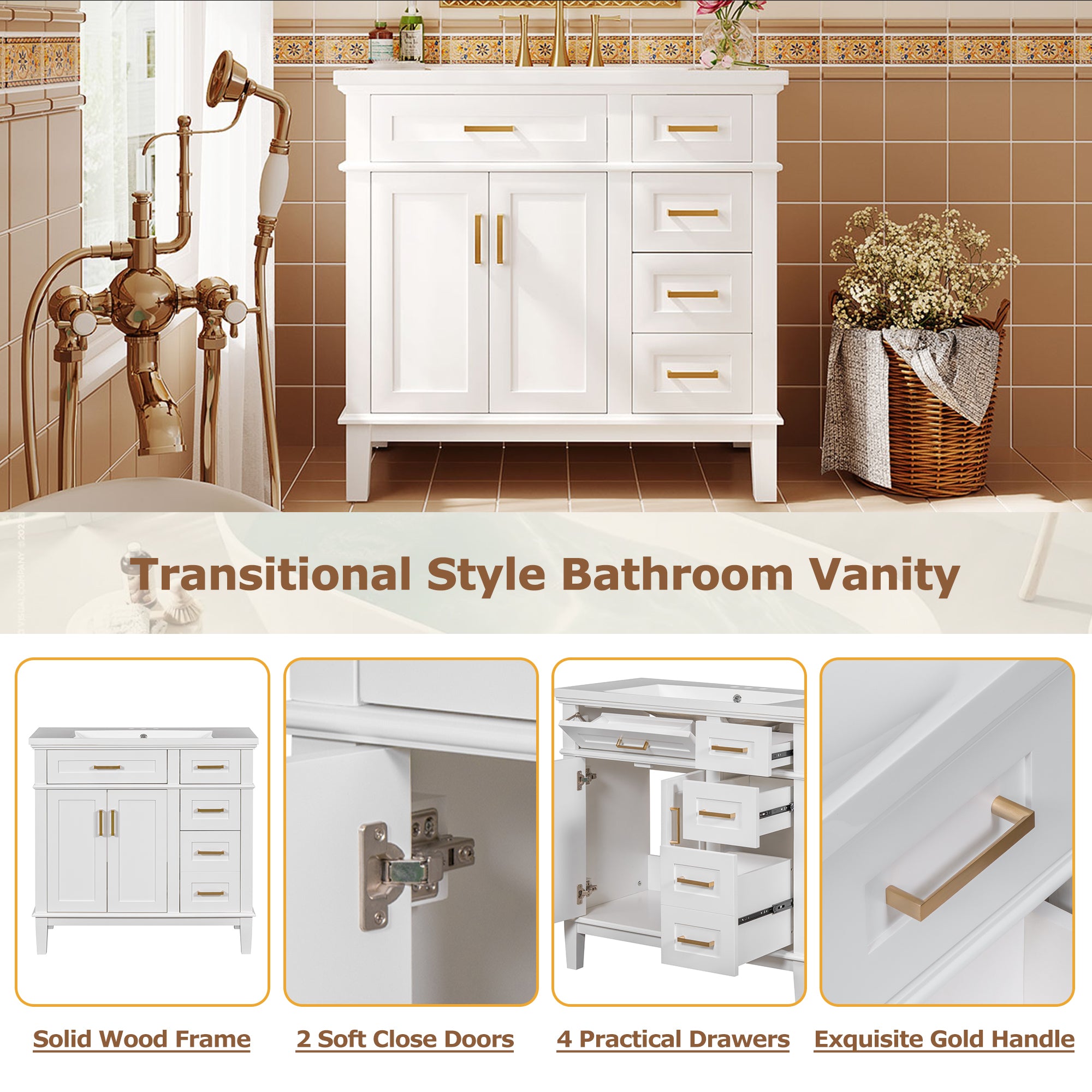 36-inch Bathroom Vanity with Resin Sink, Modern Bathroom Cabinet in White,Featuring Two Soft Close Doors and Four Drawers