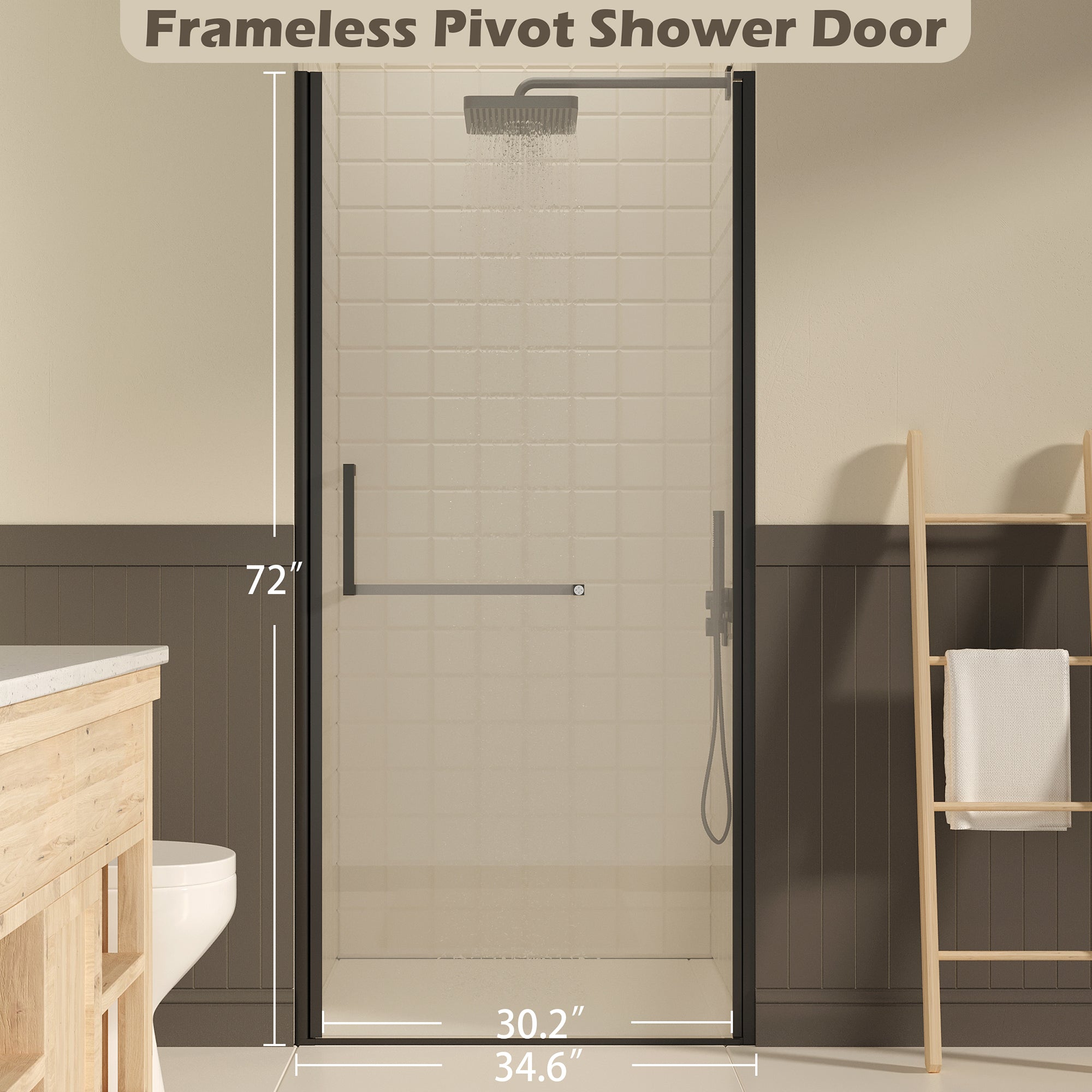 Frameless pivot shower door 33-34 inch Matte Black angled view