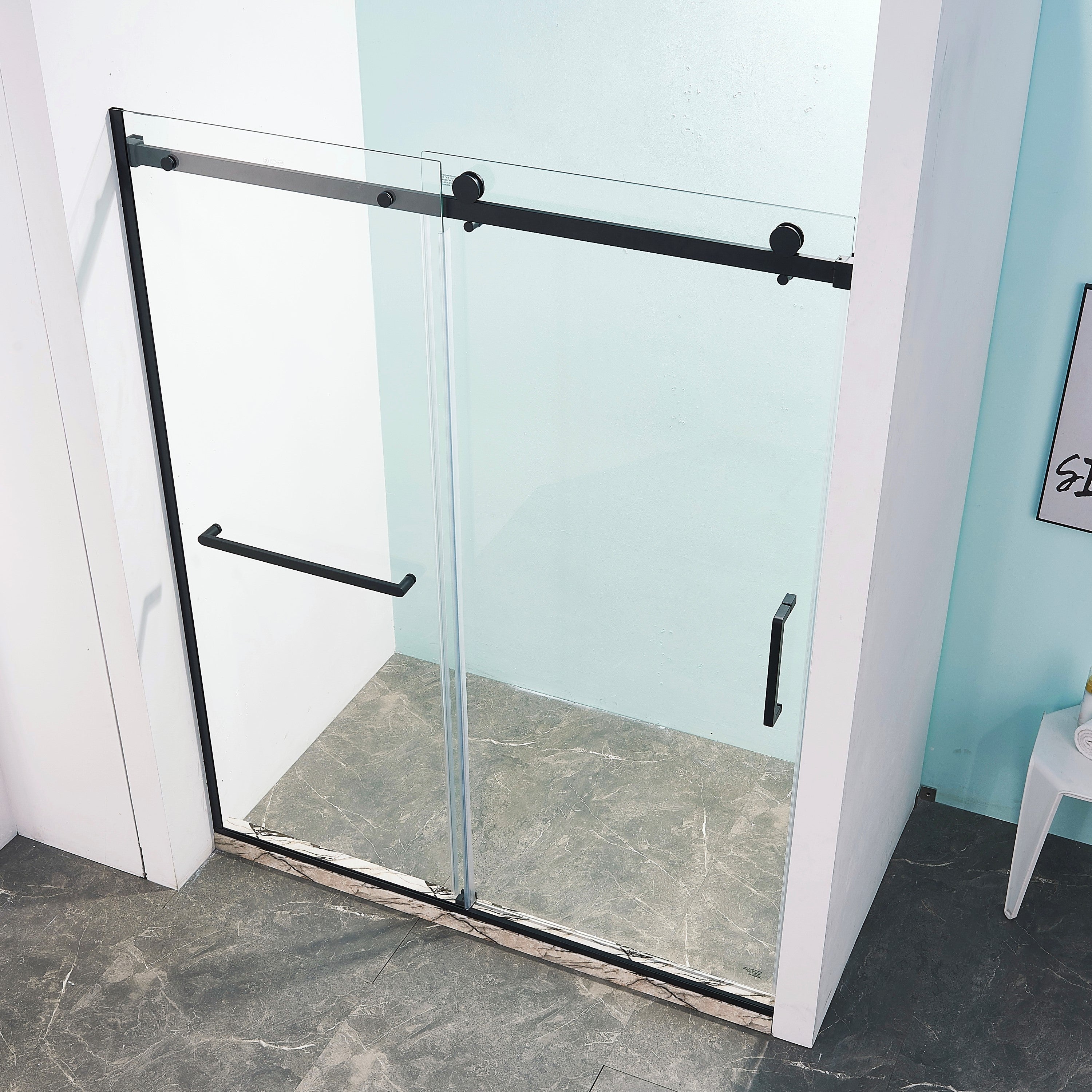 56-60"W x 75"H Semi-Frame Single Sliding Shower Door, 304 Stainless Steel in Matte Black, 5/16" (8mm) Thick SGCC Tempered Clear Glass.