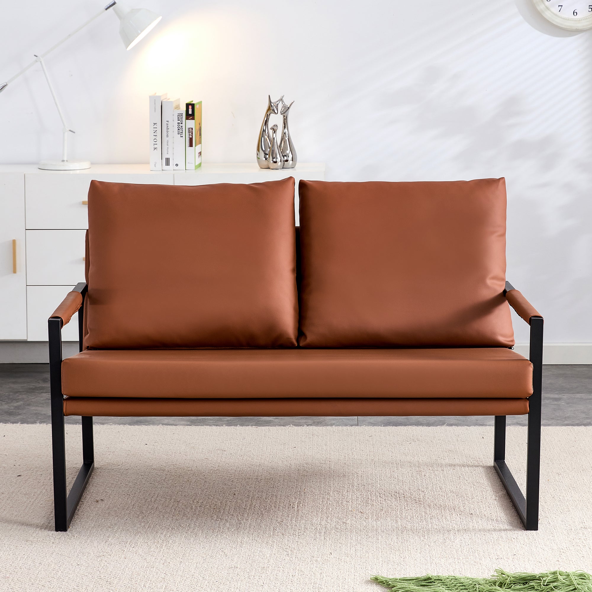 Modern Two-Seater Sofa Chair with 2 Pillows - PU Leather, High-Density Foam, Black Coated Metal Frame.Brown  SF-D008