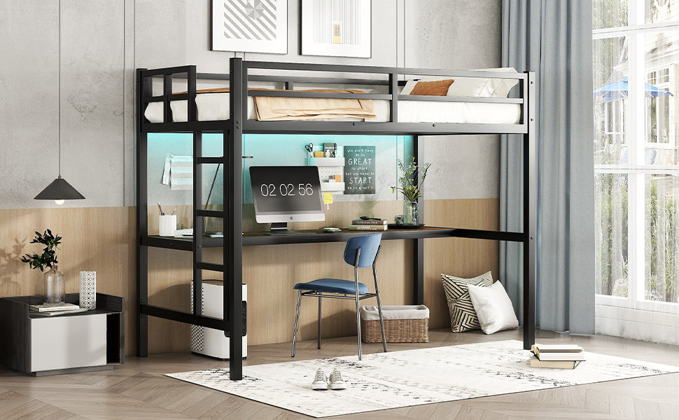 Metal Twin XL Size Loft Bed  with Power Outlet and LED Lighted, Space-Saving, Noise Reduced, Black