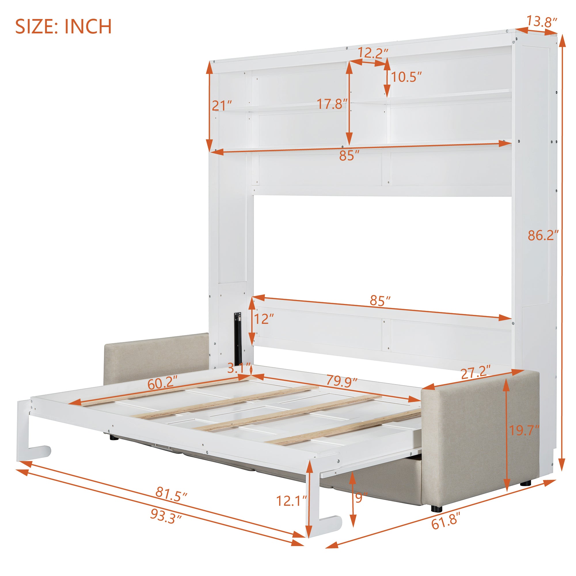 Queen Size Murphy Bed Wall Bed with Sofa,White