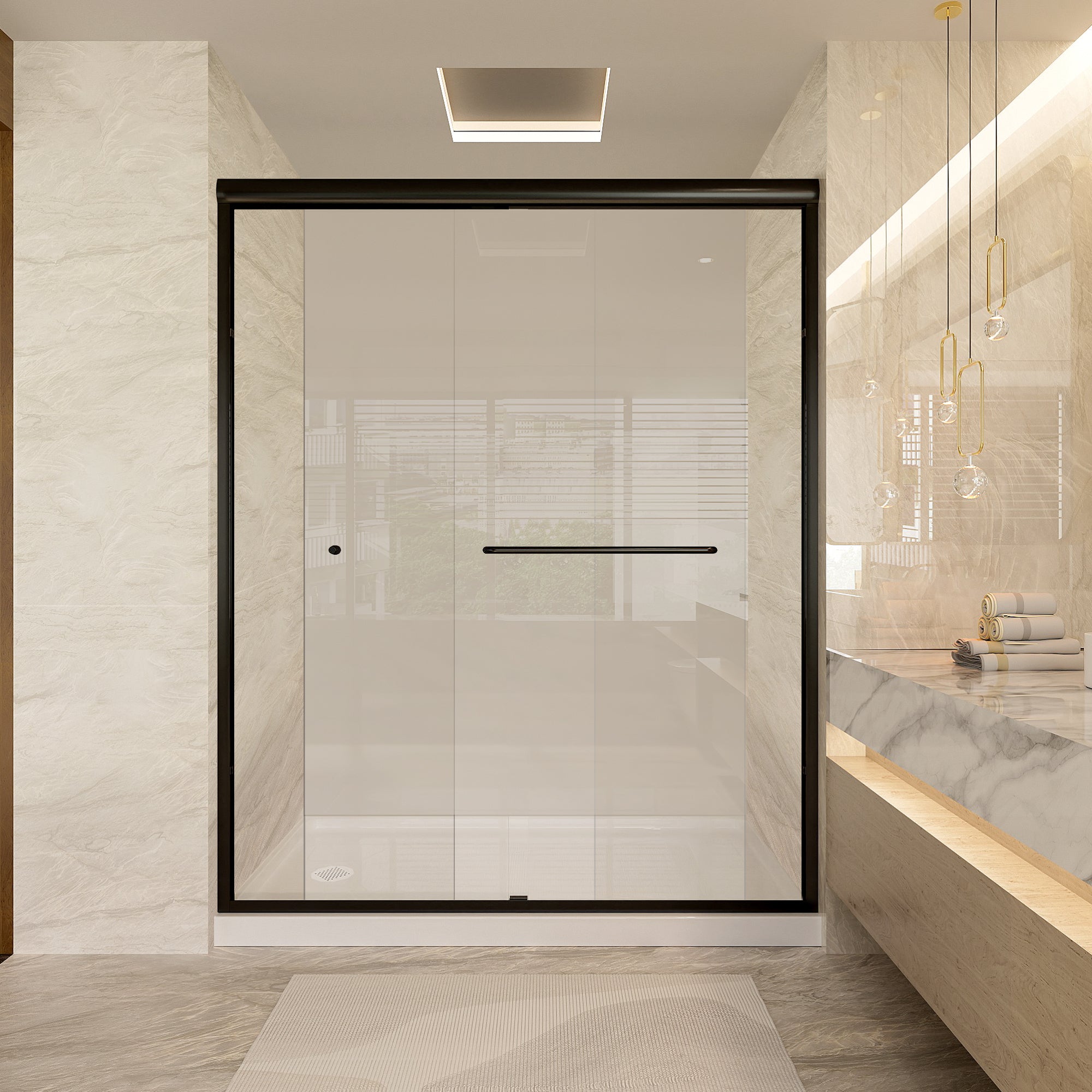 55-59" W × 72"H Double Sliding Semi-Frameless Shower Door With 1/4 inches (6mm) Clear Tempered Glass, Matte Black Finish