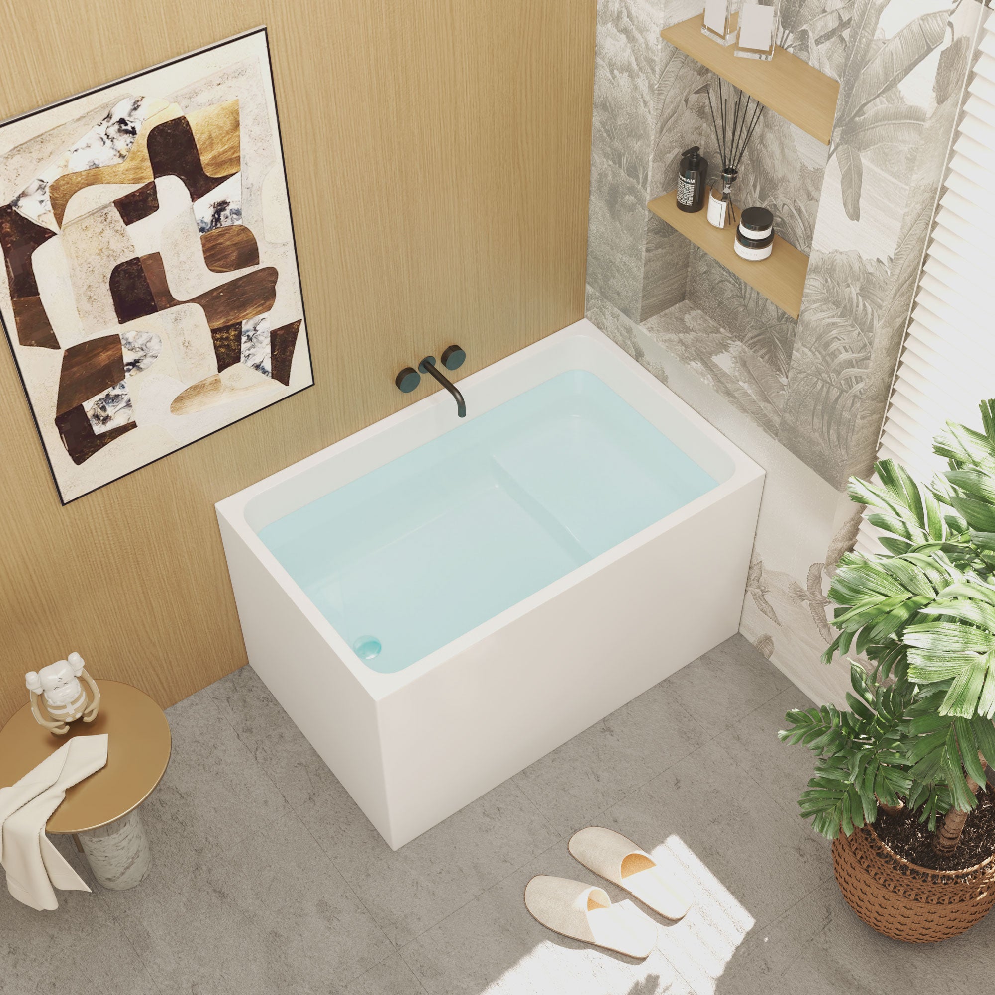 Freestanding acrylic bathtub gloss white with chrome pop-up drain, interior view