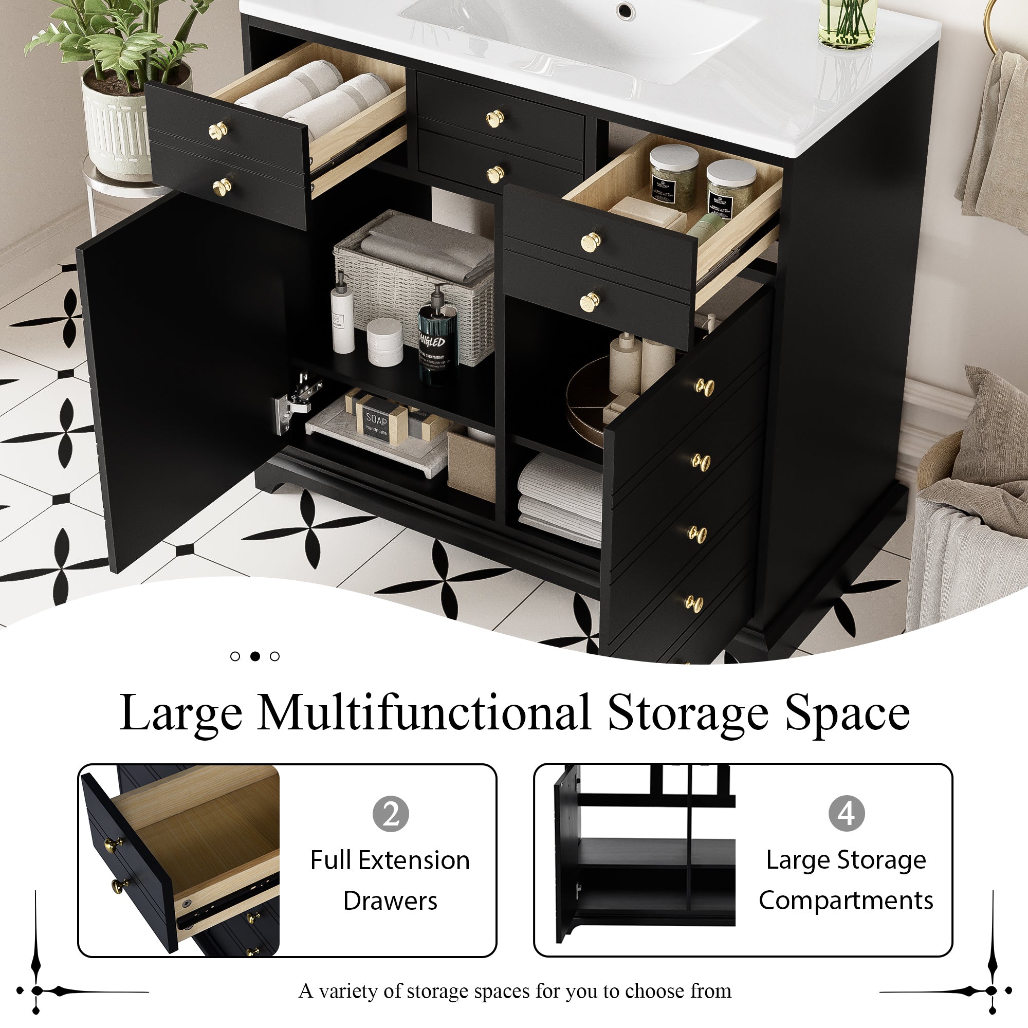 36'' Bathroom Vanity with Ceramic Sink Combo, Solid Wood Frame Bathroom Storage Cabinet, Freestanding Vanity Set with 2 Drawers& Soft Closing Doors, Black